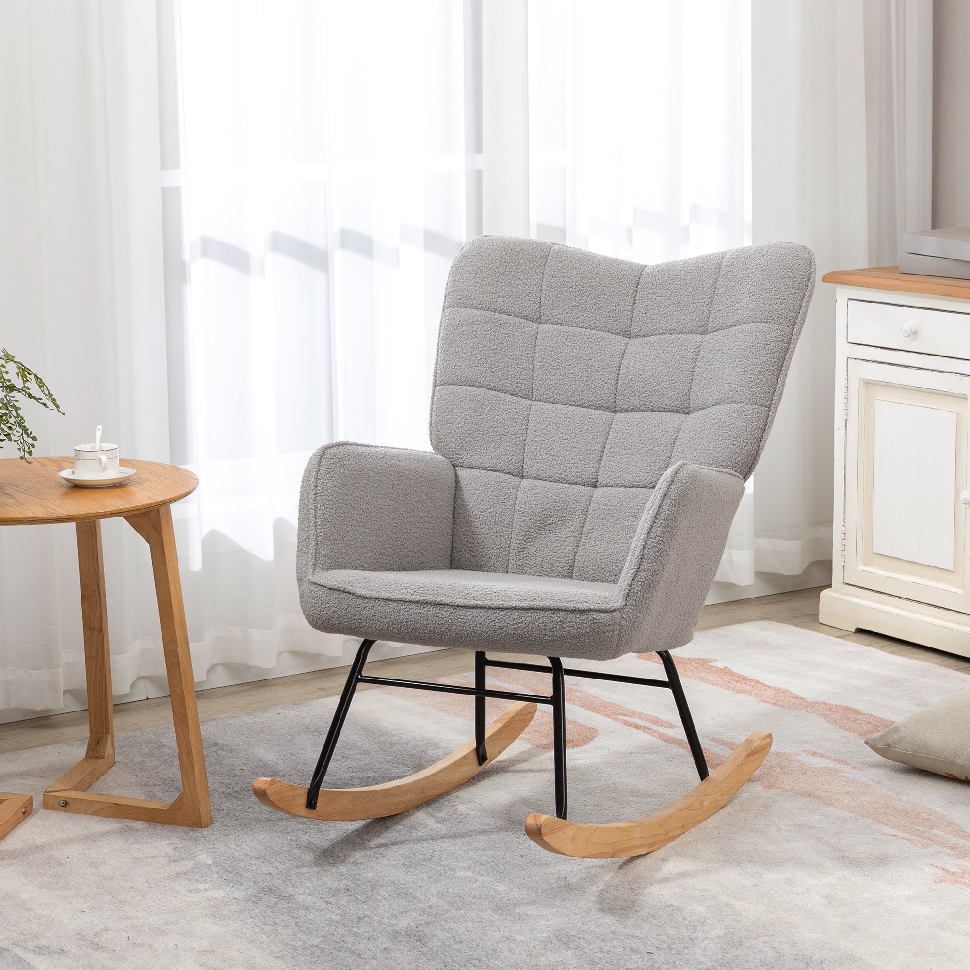 HOMCOM Berber Fleece Nursery Glider Rocker for Nursing, Wingback Rocking Chair for Living Room, Light Grey - North Peak Garden Furniture
