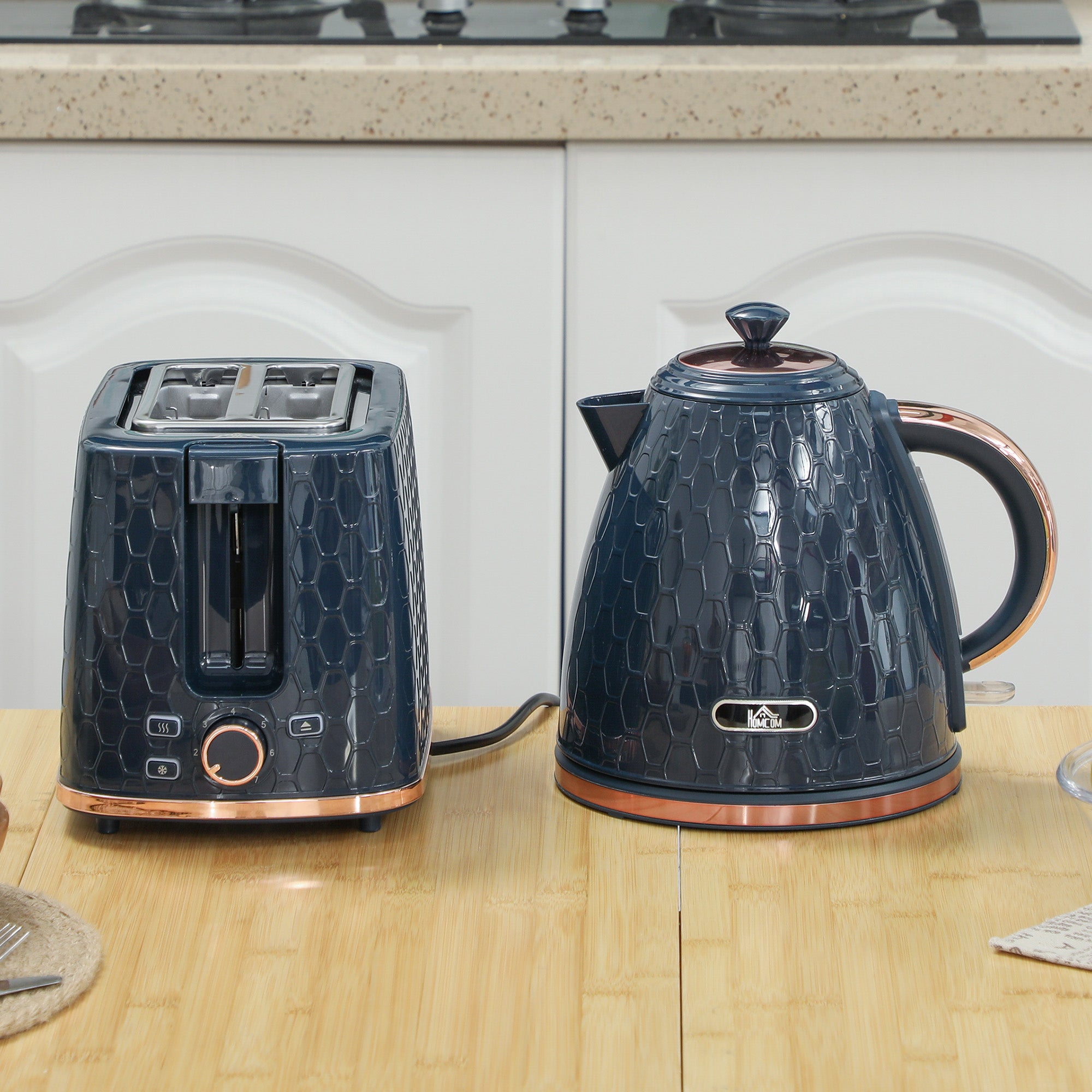 HOMCOM 1.7L 3000W Fast Boil Kettle & 2 Slice Toaster Set, Kettle and Toaster Set with Auto Shut Off, Browning Controls, Blue - North Peak Garden Furniture