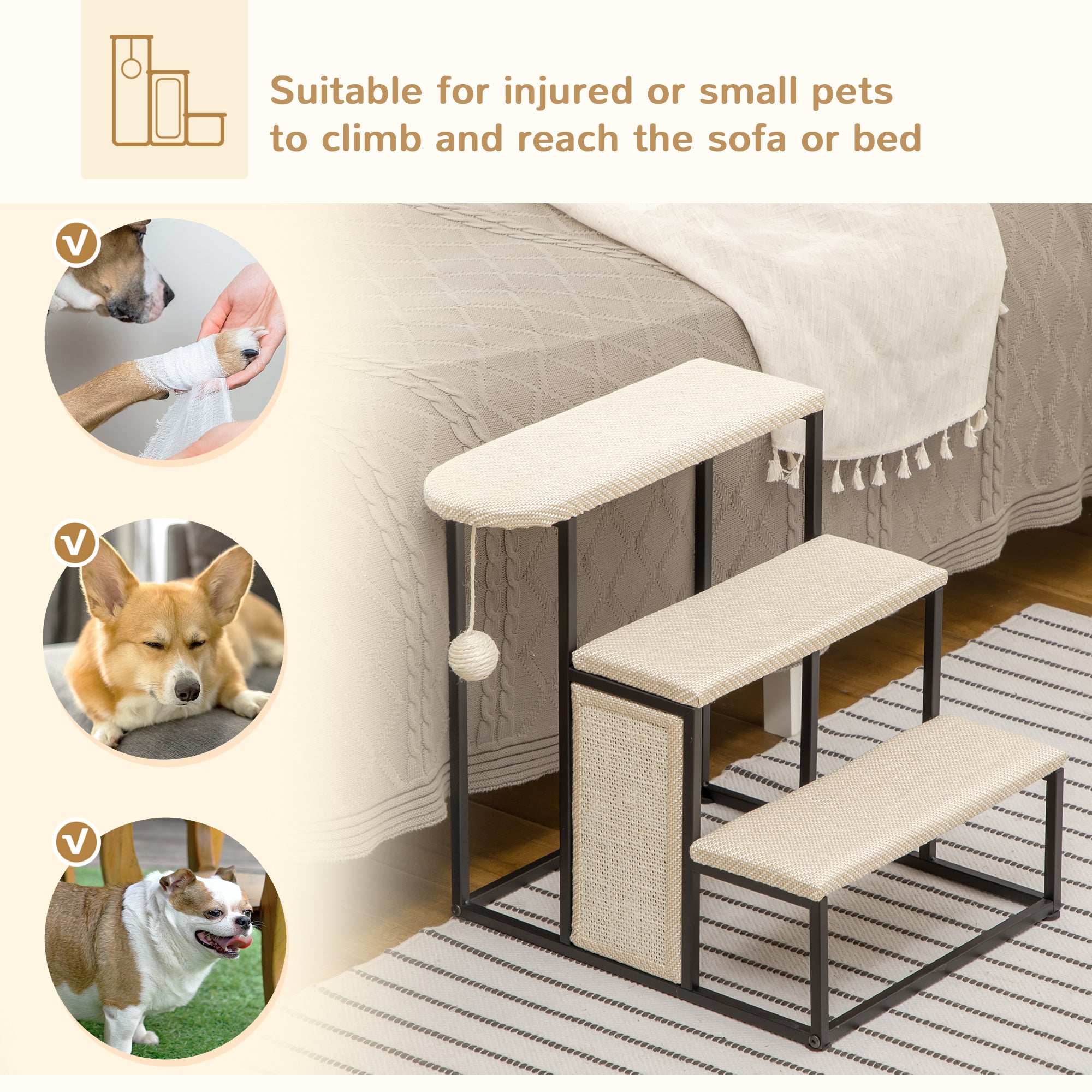 PawHut Three-Step Pet Stairs, with Sisal Scratching Board, Toy Hanging Ball, Steel Frame - North Peak Garden Furniture