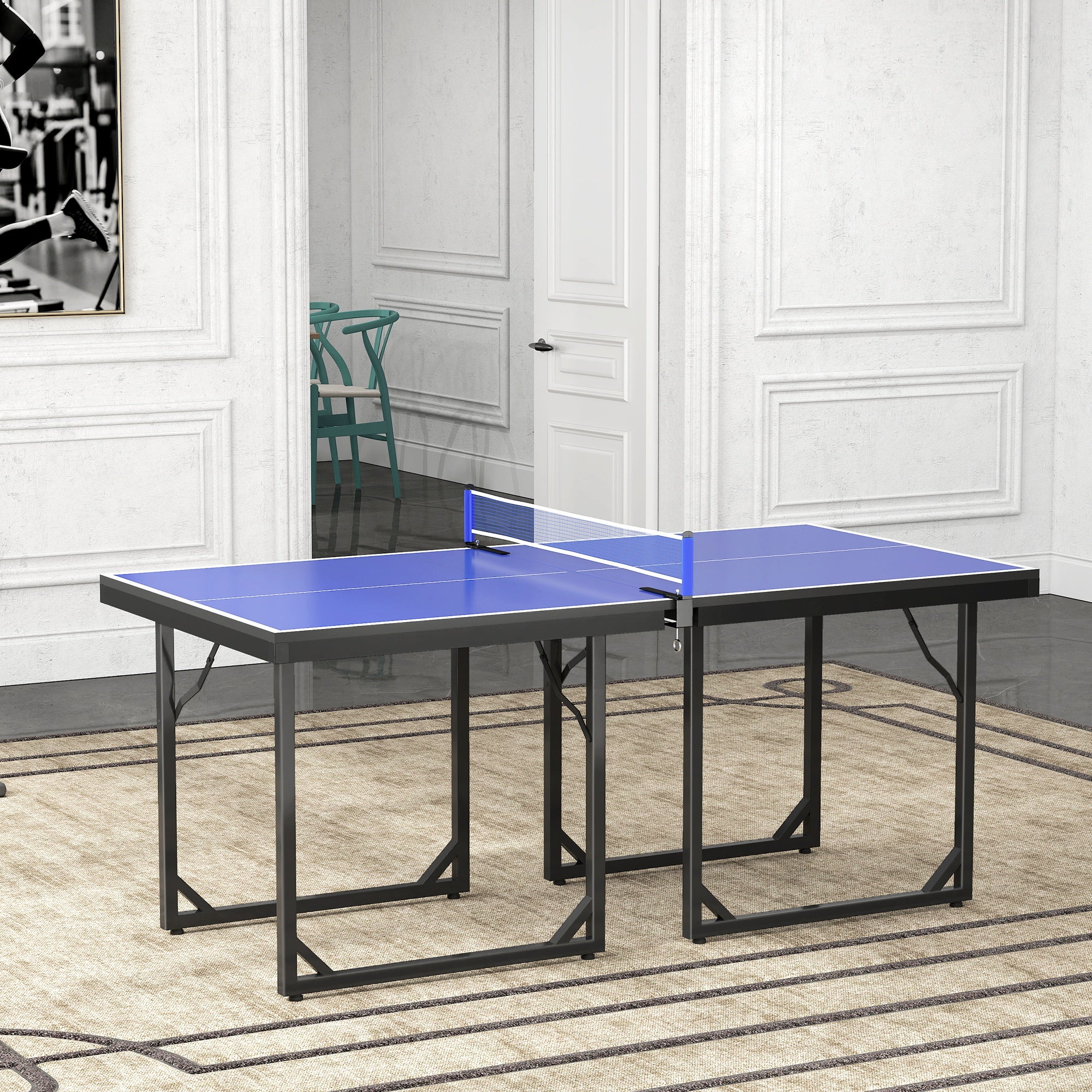 HOMCOM 6ft 182cm Mini Table Tennis Table Folding Ping Pong Table with Net Multi-Use Table for Indoor Outdoor Game, Blue