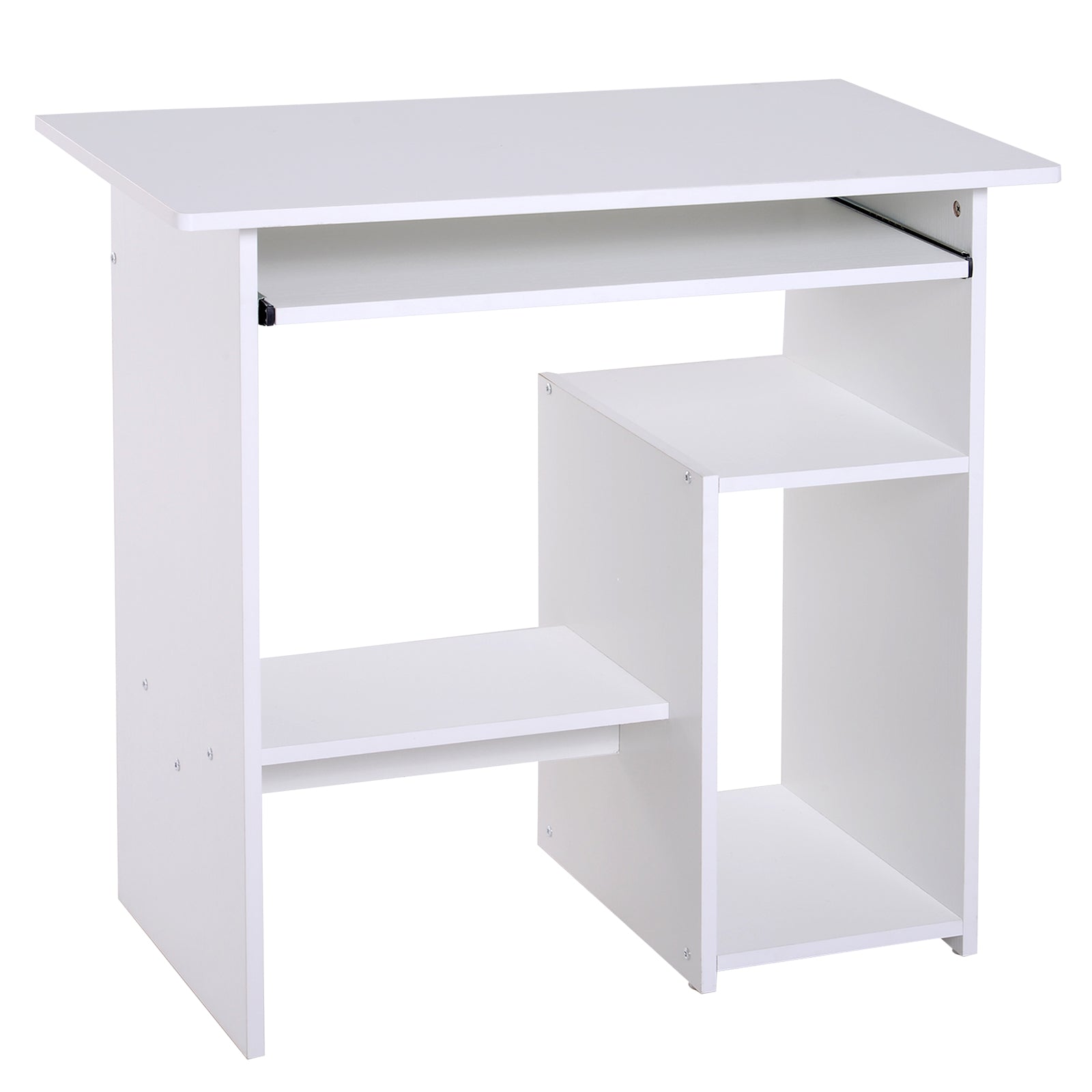 HOMCOM Compact Small Computer Table Wooden Desk Keyboard Tray Storage Shelf Modern Corner Table Home Office White - North Peak Garden Furniture