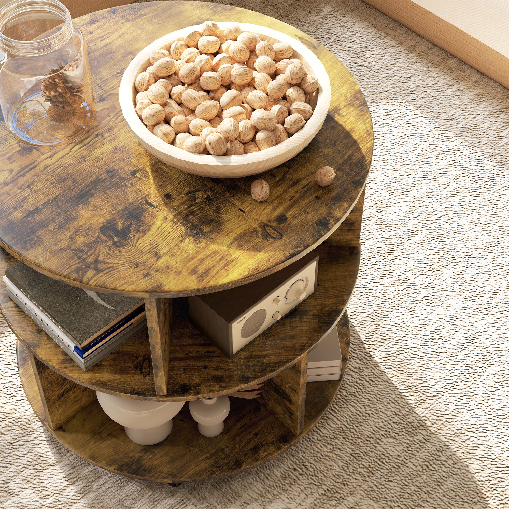 HOMCOM Round Coffee Table with Wheels, 3-Tier Rolling Side Table for Living Room with Divided Shelves, Rustic Brown - North Peak Garden Furniture