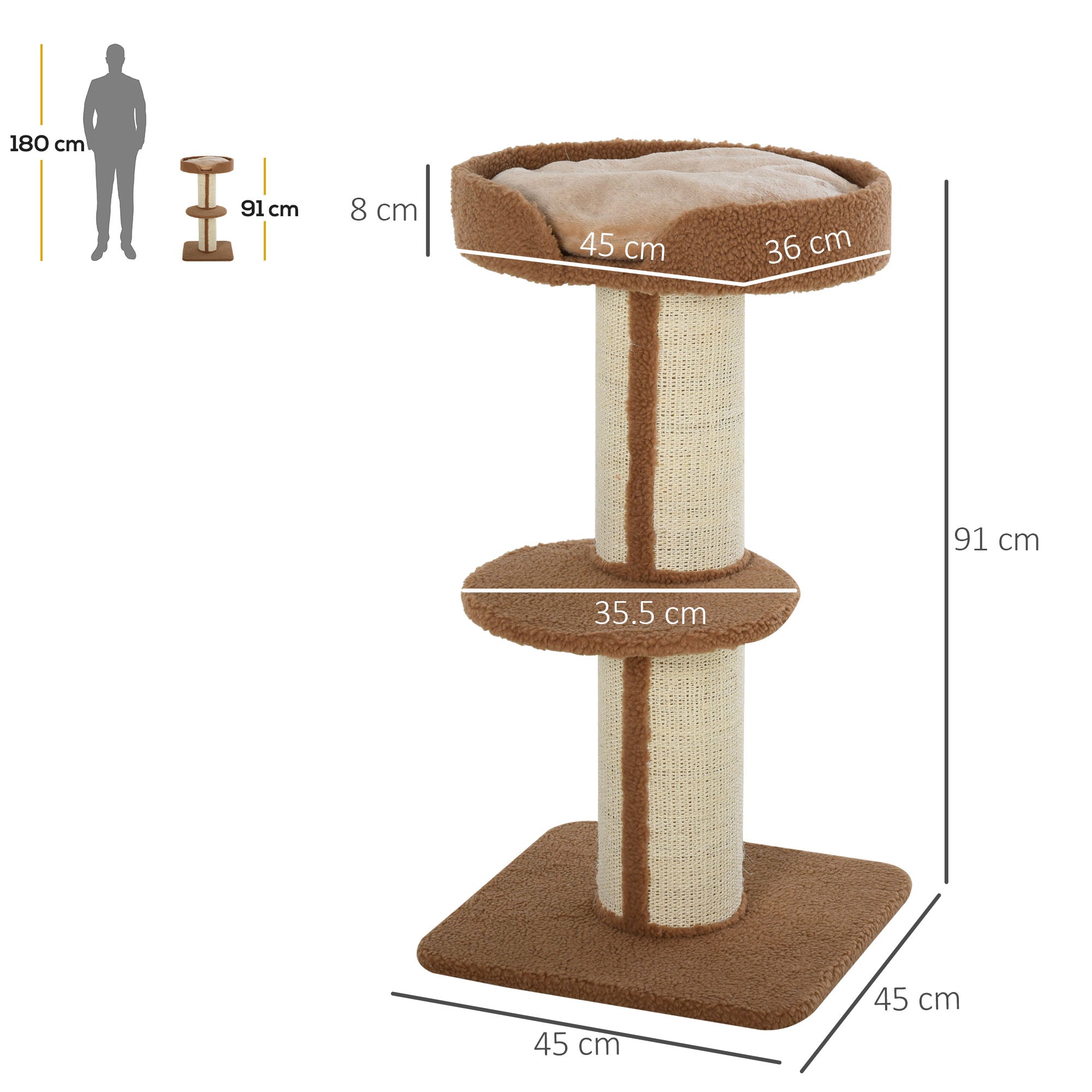 PawHut Cat Tree with Perches, Sisal Scratching Posts & Lamb Cashmere, Activity Centre, Brown