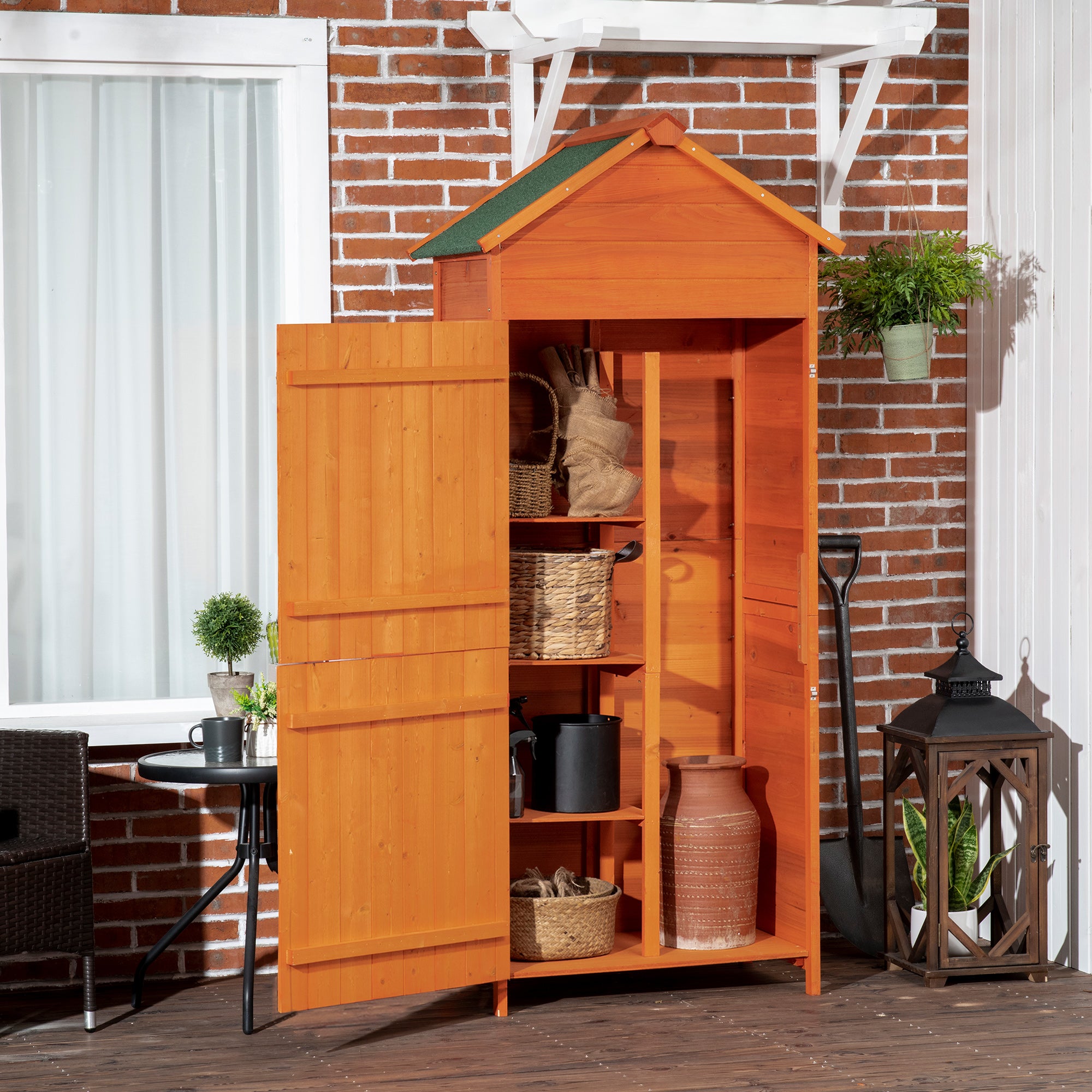 Outsunny Wooden Outdoor Storage Shed, Compact Utility Outdoor Tool Shed with Lockable Double Doors and Shelves, Orange - North Peak Garden Furniture
