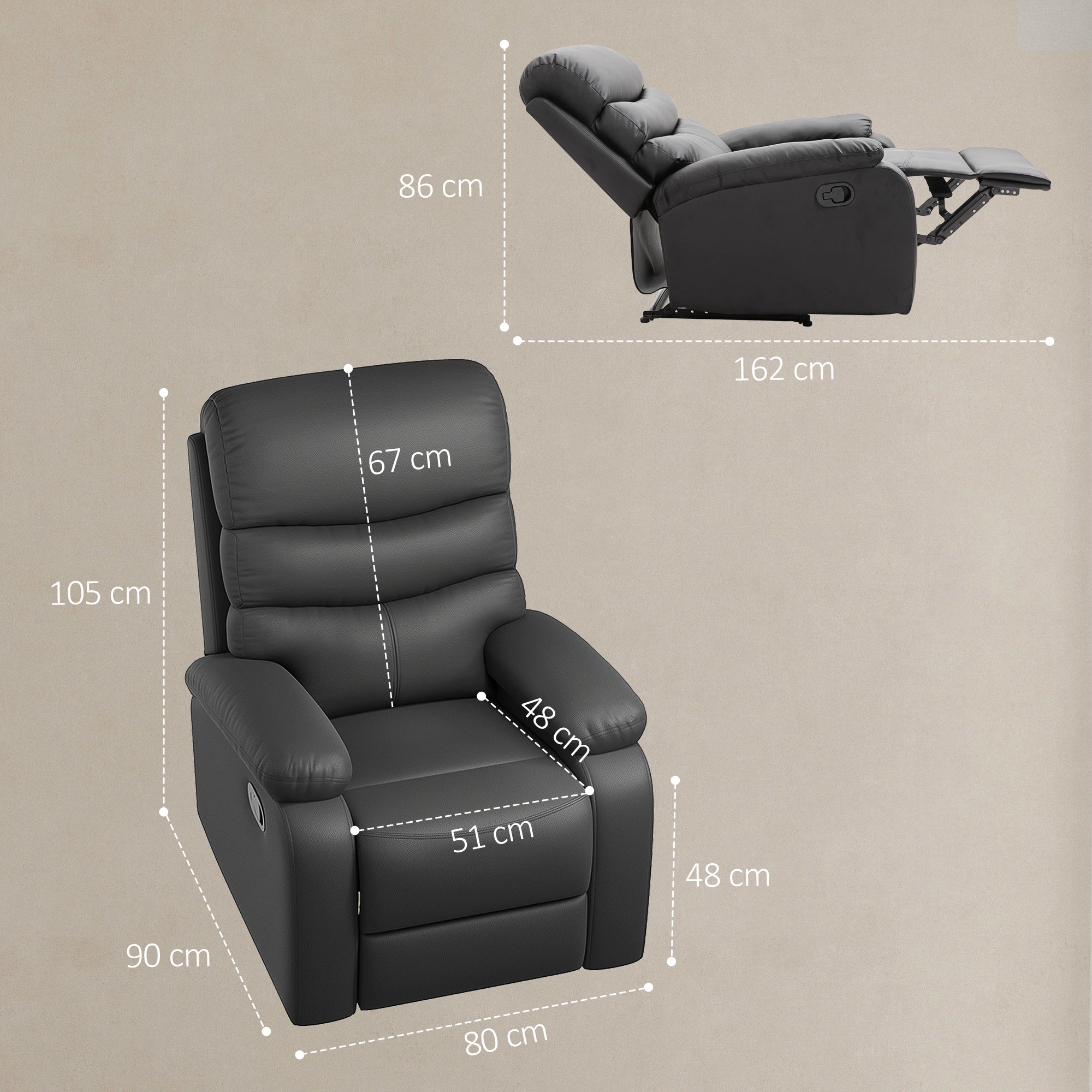 HOMCOM PU Leather Reclining Chair, Manual Recliner Chair with Padded Armrests, Retractable Footrest and Wood Frame, Black - North Peak Garden Furniture