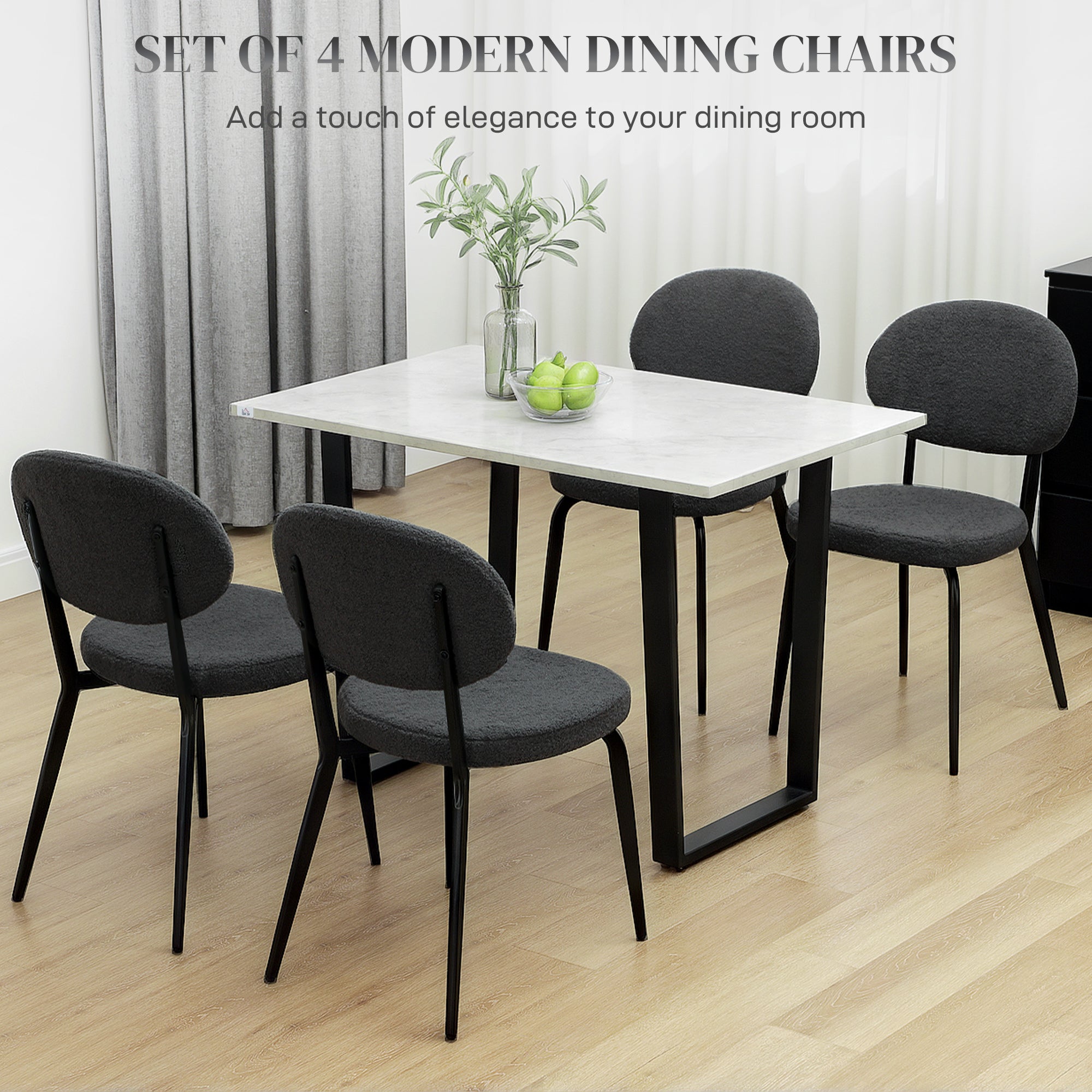 HOMCOM Boucle Dining Chairs Set of 4, Modern Upholstered Sherpa Kitchen Chairs with Backrest, Metal Legs and Padded Seat for Dining Room, Bedroom, Living Room, Black - North Peak Garden Furniture