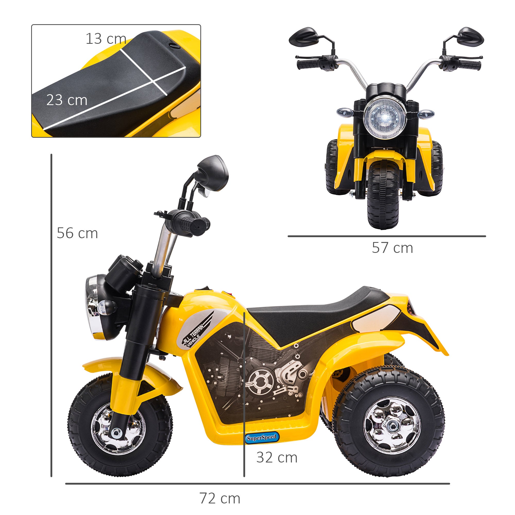 HOMCOM 6V Kids Electric Motorbike 3 Wheels Ride On Toy with Horn Headlights Realistic Sounds for Girl Boy 18 - 36 Months Yellow - North Peak Garden Furniture