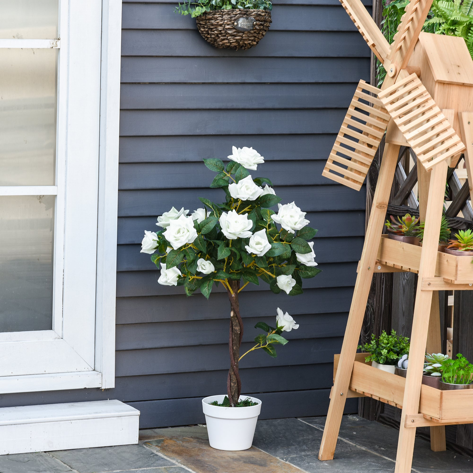 Outsunny Set of 2 Artificial Plants White Rose Floral in Pot, Fake Plants for Home Indoor Outdoor Decor, 90cm