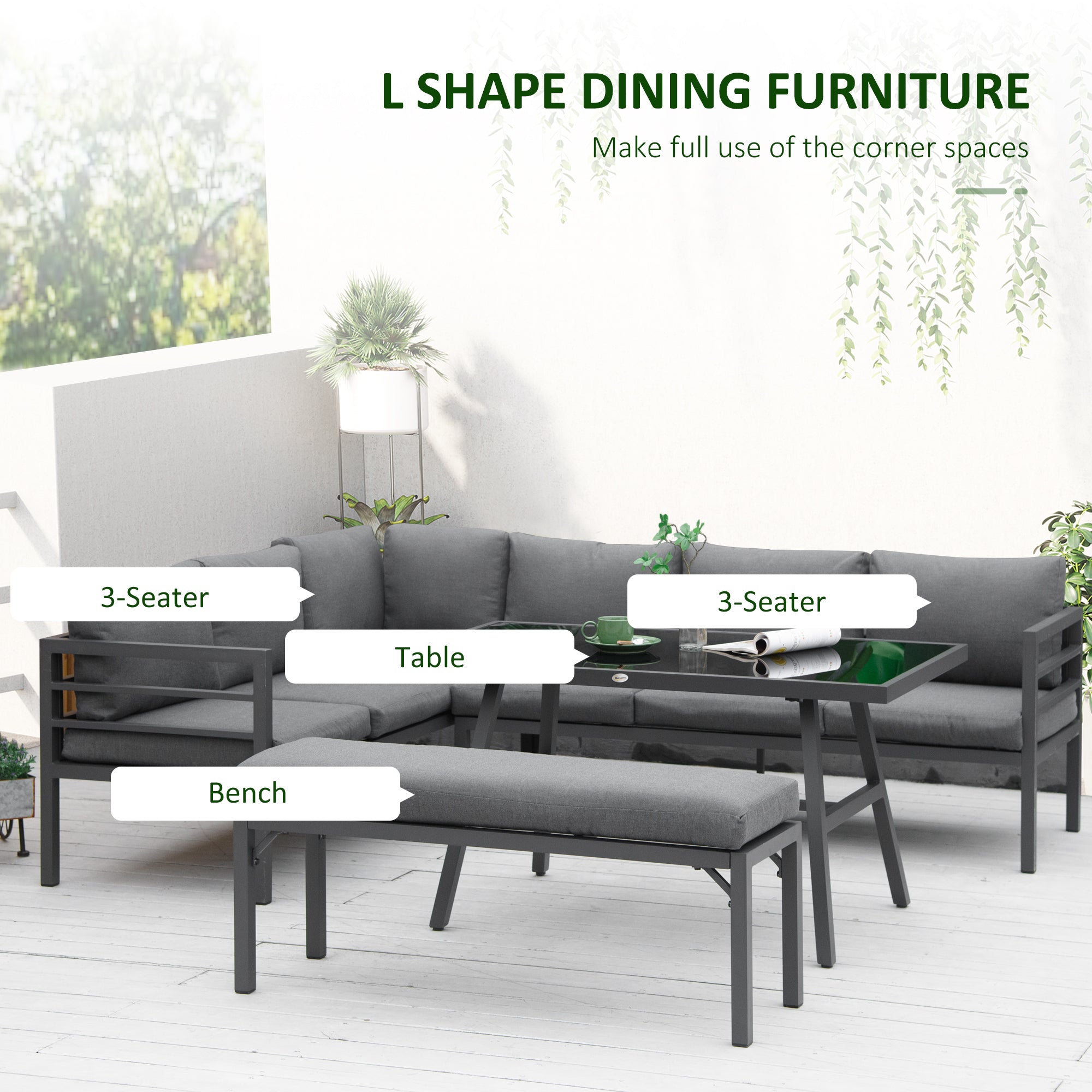 Outsunny 4 Piece L-shaped Garden Furniture Set 8-Seater Aluminium Outdoor Dining Set Conversation Sofa Set w/ Bench, Dining Table & Cushions, Grey - North Peak Garden Furniture