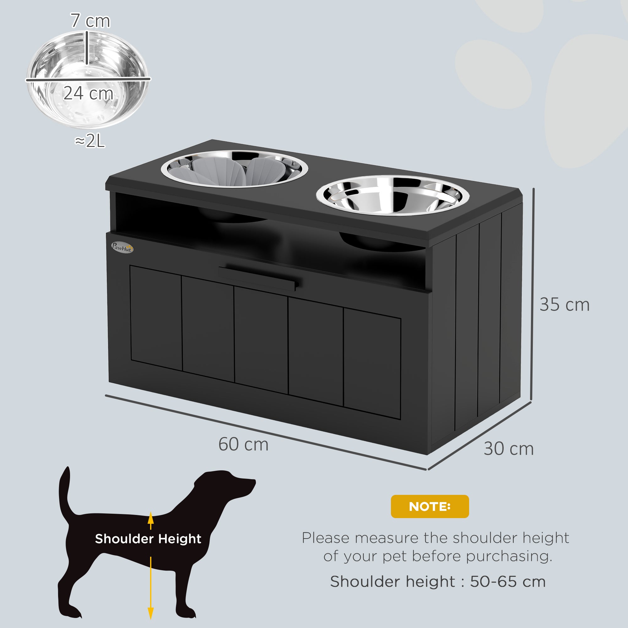 PawHut Raised Dog Bowl with Slow Feeder & 2 Stainless Steel Dog Bowl, 25L Storage Drawer, for Large & Extra Large Dogs, Black - North Peak Garden Furniture