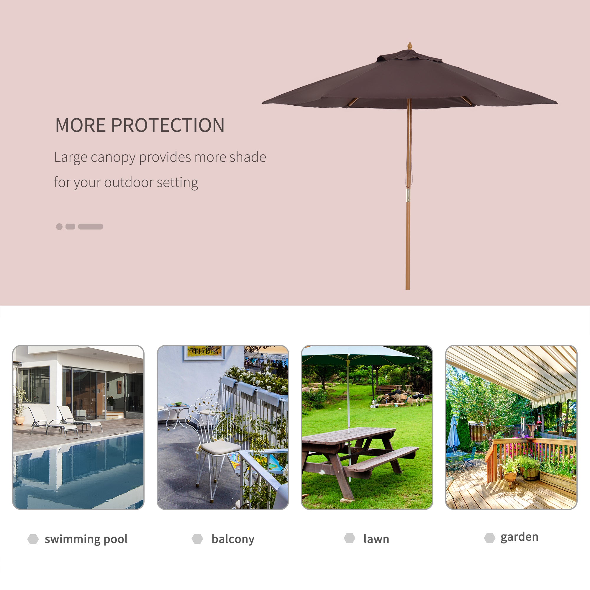 Outsunny Elegant Wooden Garden Parasol: 2.5m Patio Sunshade with UV Protection, Coffee Hue