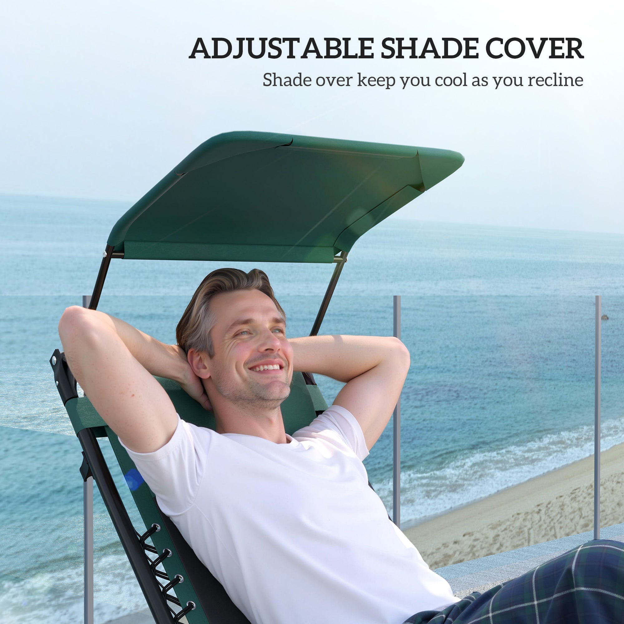 Outsunny Zero Gravity Lounger Chair Set of 2, Folding Reclining Patio Chair with Shade Cover, Padded Seat, Cup Holder, Soft Cushion and Headrest for Poolside, Camping, Green - North Peak Garden Furniture