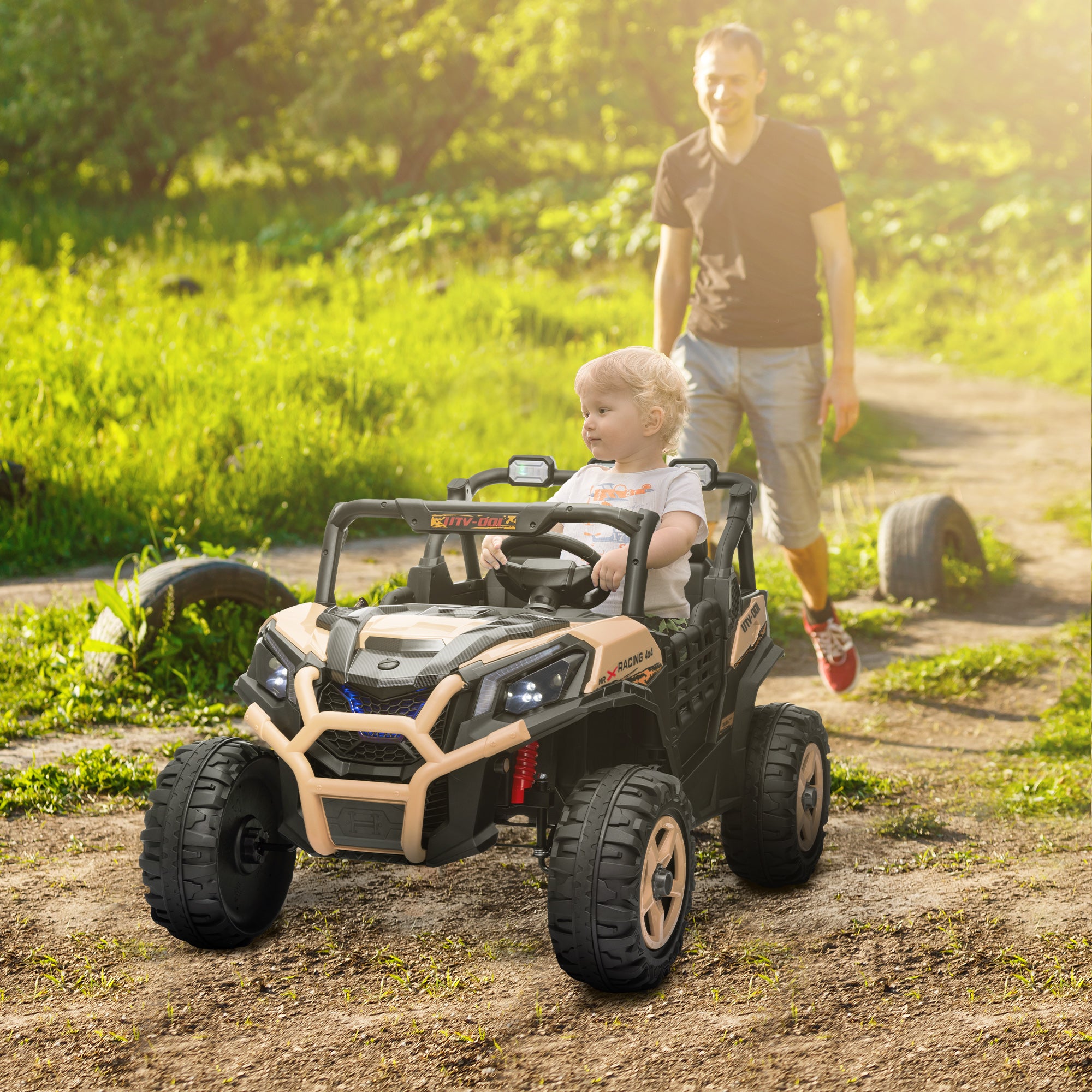AIYAPLAY 24V 2 Seater Kids Electric Car with Remote Control, Suspension System, Slow Start, 3 Speeds, for 3-8 Years, Khaki - North Peak Garden Furniture