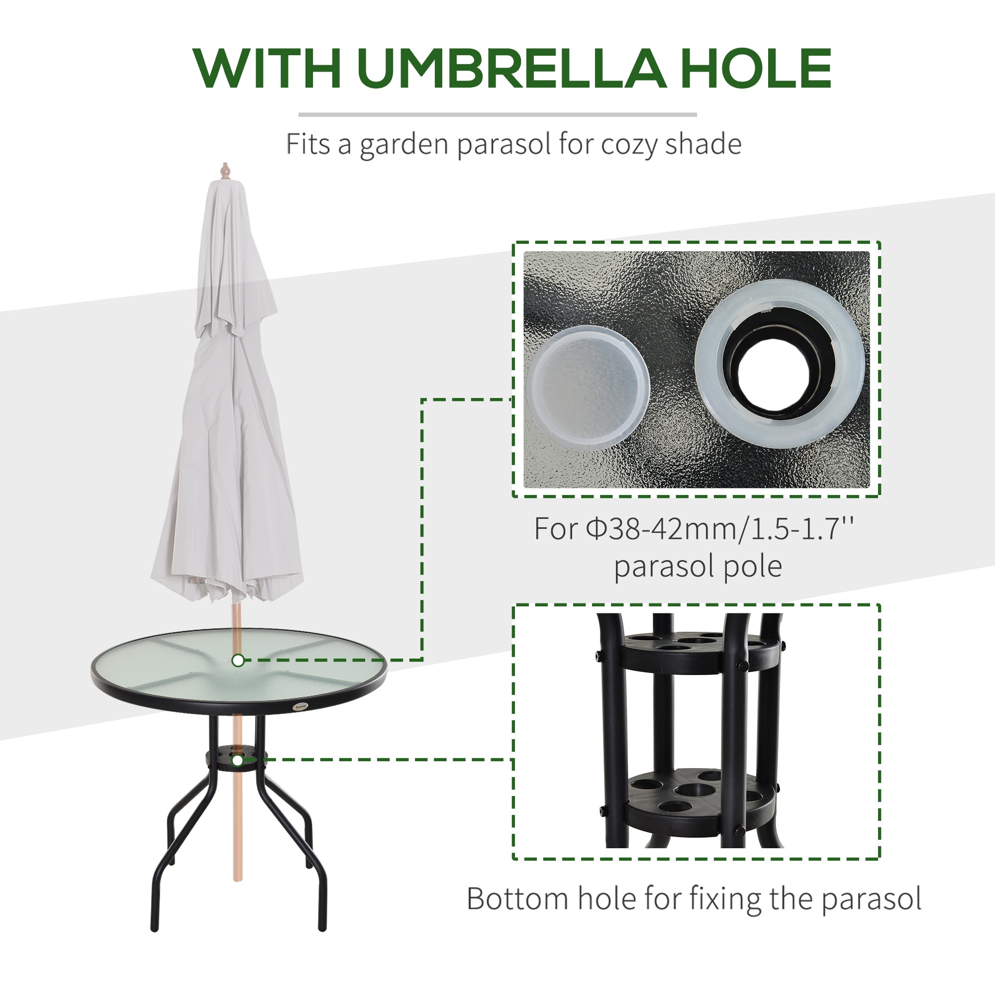 Outsunny Bistro Table Outdoor Round Dining Coffee Table with Parasol Hole, Tempered Glass Top Side Table Patio Garden - 80cm Diameter - North Peak Garden Furniture