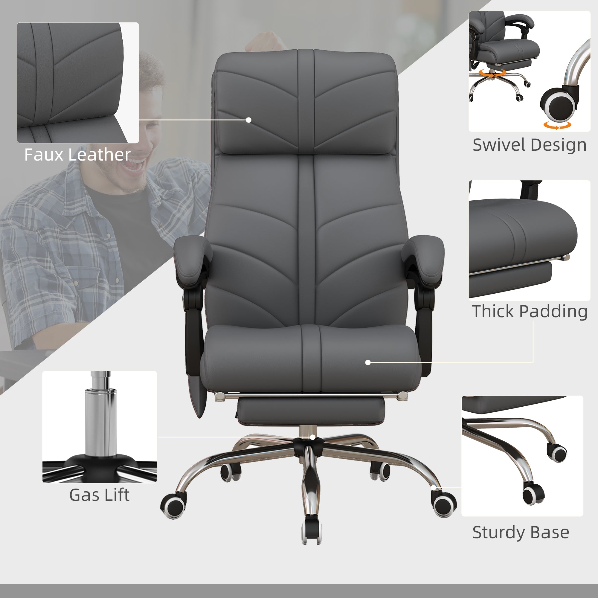 Vinsetto High Back Vibration Massage Office Chair, Heated Reclining PU Leather Computer Chair with Footrest, Grey - North Peak Garden Furniture