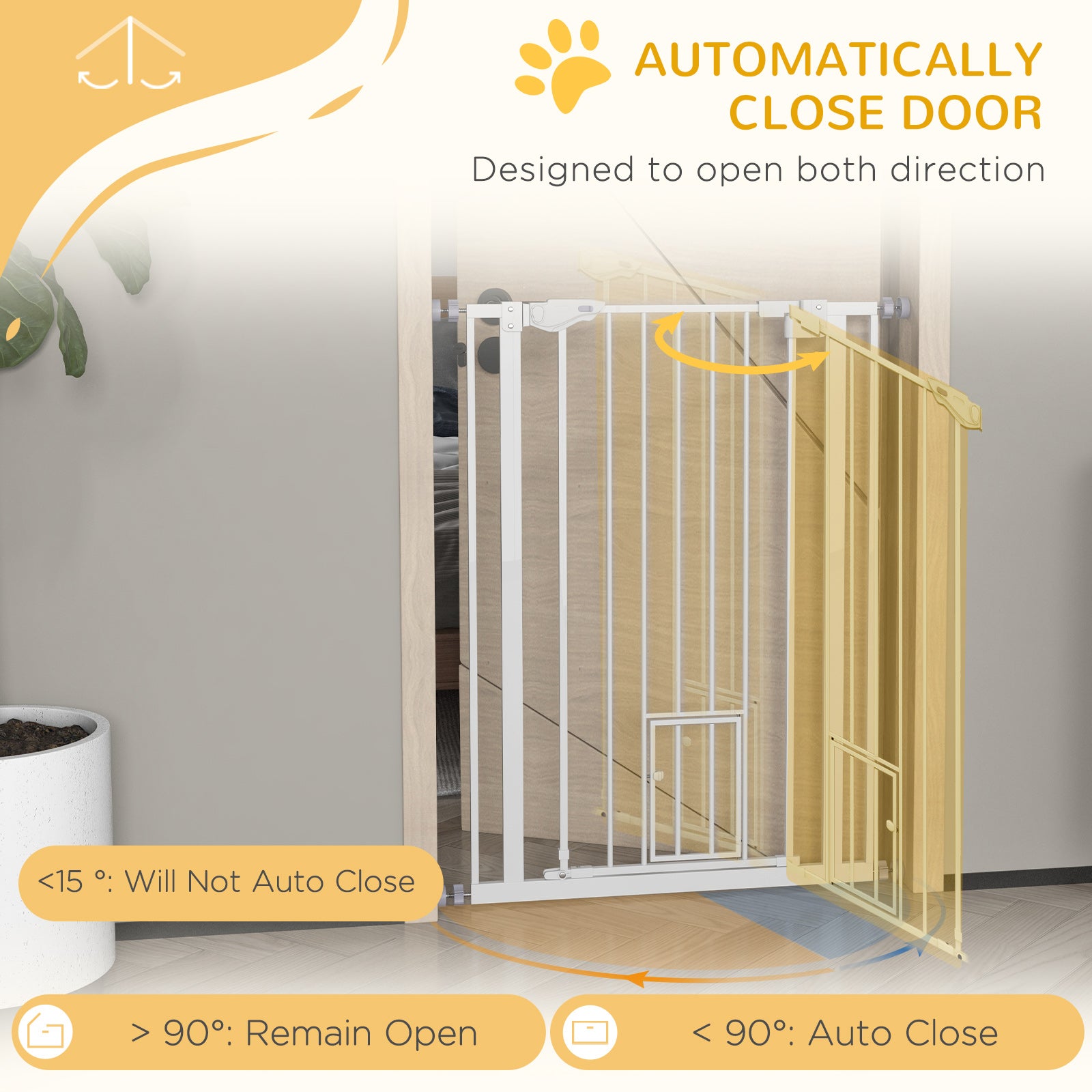 PawHut Extra Tall Pet Gate, Indoor Dog Safety Gate, with Cat Flap, Auto Close, 74-80cm Wide - White - North Peak Garden Furniture
