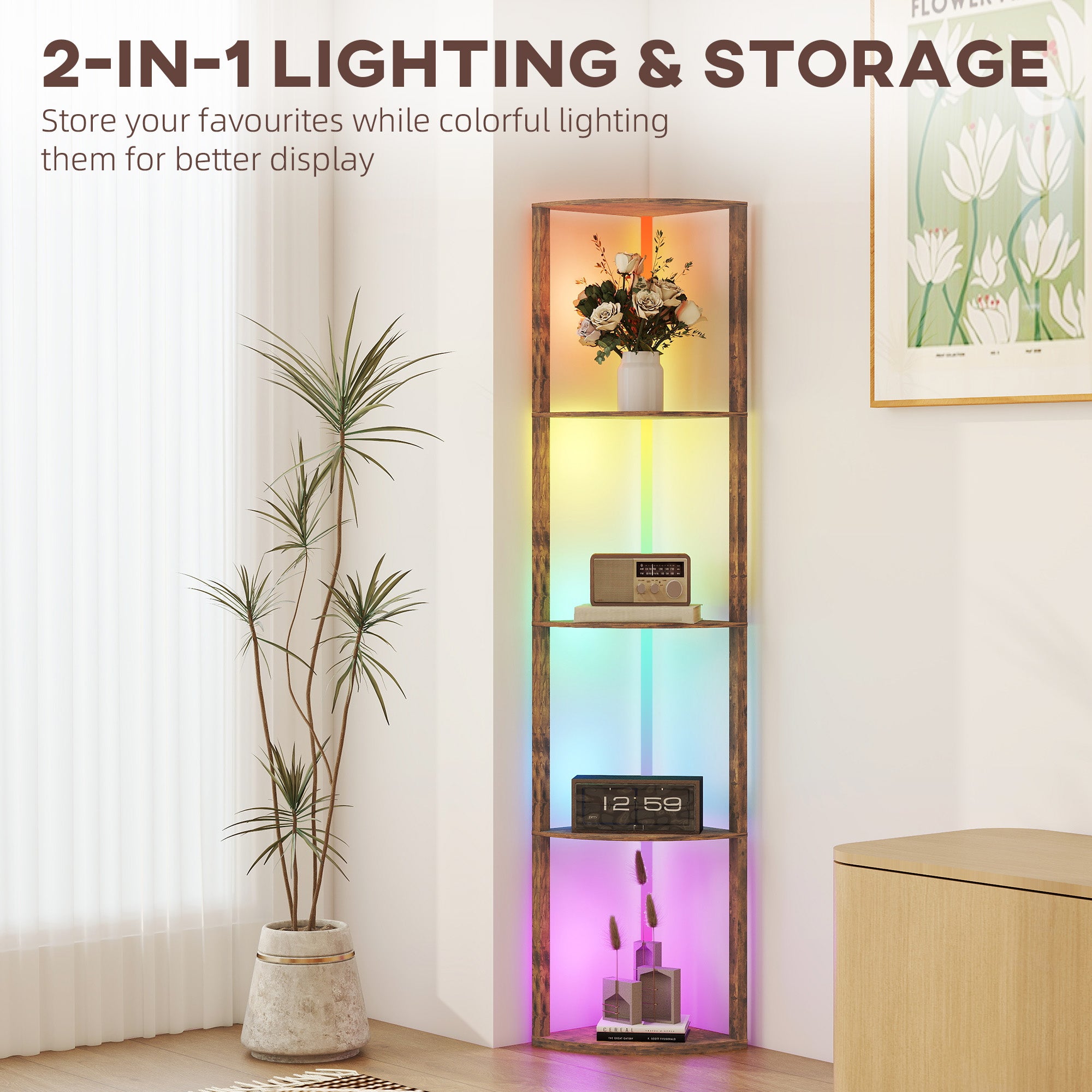HOMCOM RGB LED Floor Lamp with Shelves, 5-Tier Dimmable Standing Lamp with Adjustable Brightness and Remote Control, Modern Corner Display Shelf Unit for Living Room Bedroom Office, Rustic Brown