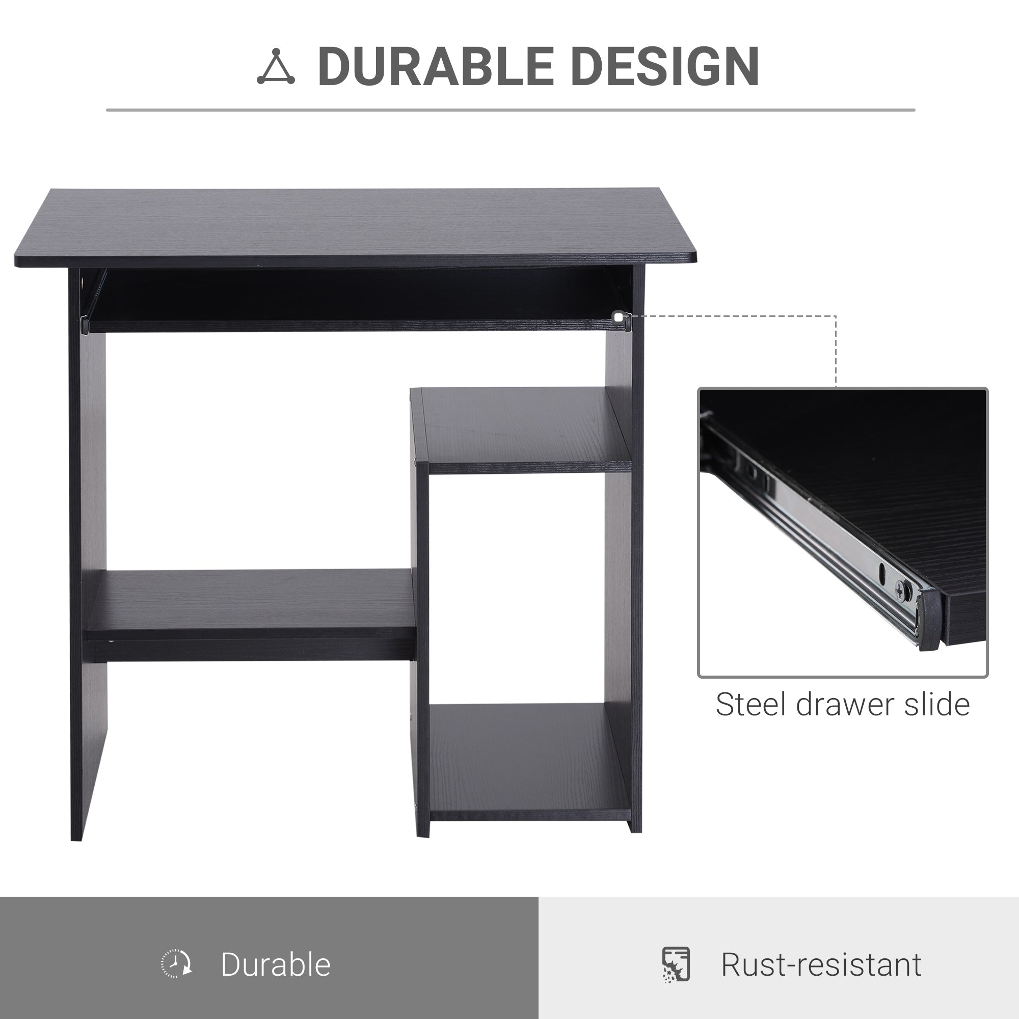 HOMCOM Compact Small Computer Table Wooden Desk Keyboard Tray Storage Shelf Modern Corner Table Home Office Black - North Peak Garden Furniture