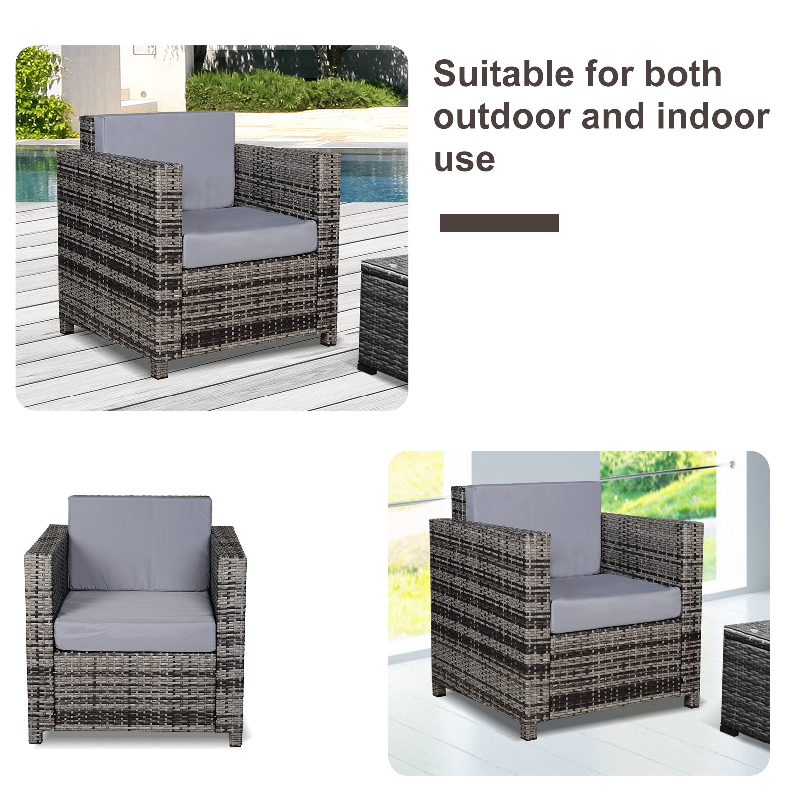 Outsunny 1 Seater Rattan Garden Chair All-Weather Wicker Weave Single Sofa Armchair with Fire Resistant Cushion - Grey