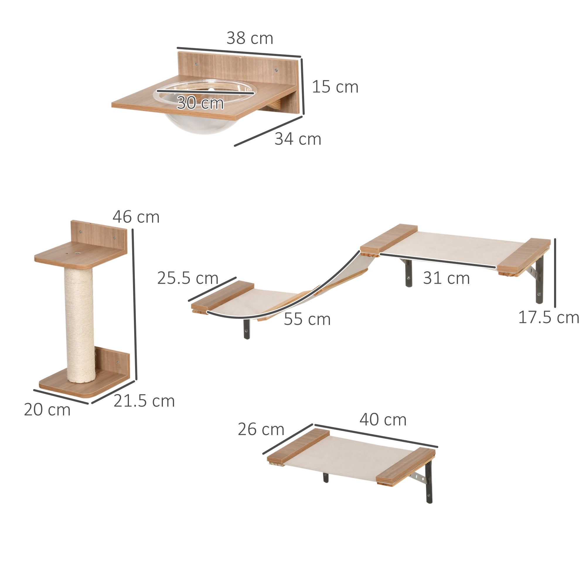 PawHut 4PCs Wall-mounted Cats Climbing Shelf Set Cat Tree Kitten Perch Activity Center with Hammock Scratching Post Jumping Platform Brown - North Peak Garden Furniture
