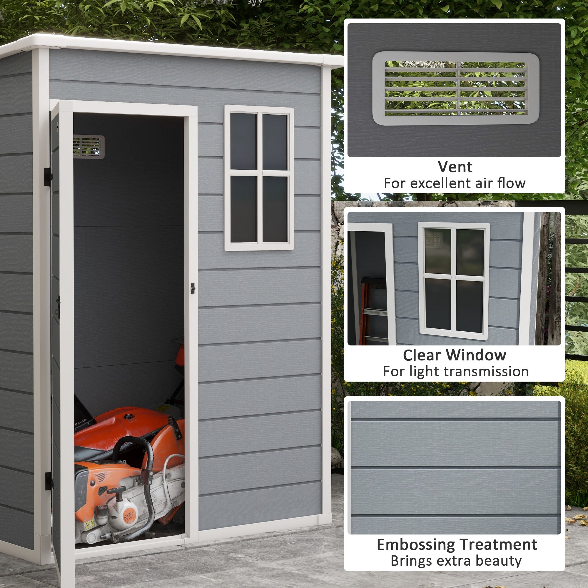 Outsunny 5' x 3' Garden Shed with Floor, Outdoor Storage Shed with Lockable Door, Window and Vent for Garden, Patio, Grey - North Peak Garden Furniture
