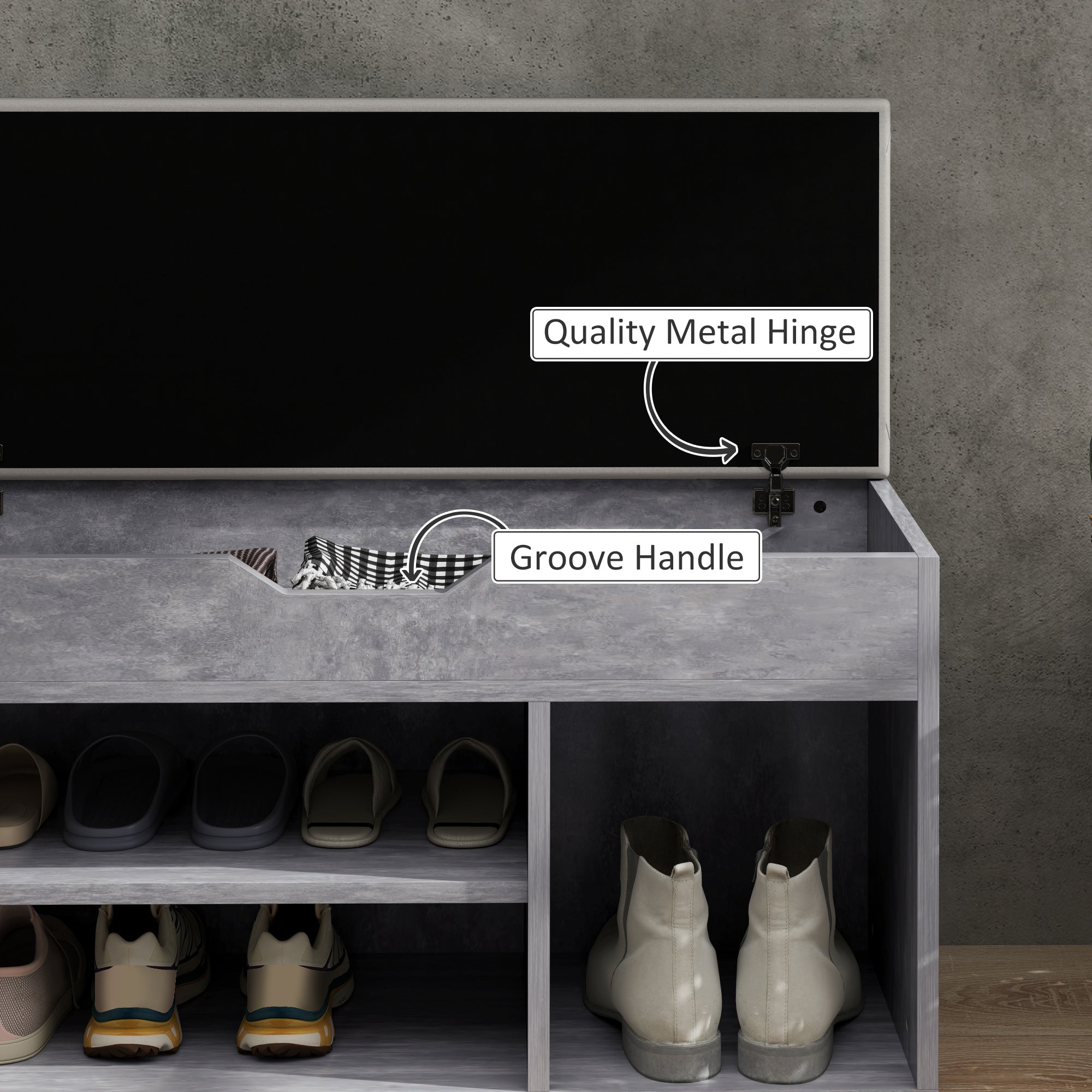 HOMCOM Shoes Cabinet Bench Hidden Storage Padded Seat Organiser Footwear Rack Hallway Grey Wood Grain - North Peak Garden Furniture