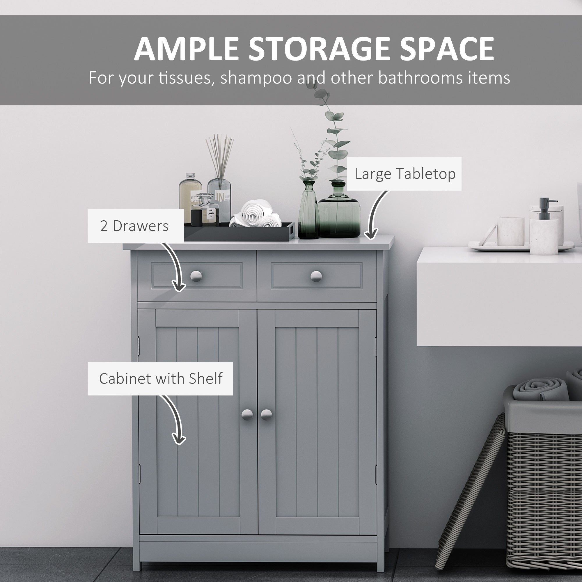 kleankin 75x60cm Freestanding Bathroom Storage Cabinet Unit w/ 2 Drawers Cupboard Adjustable Shelf Metal Handles Traditional Style Grey - North Peak Garden Furniture