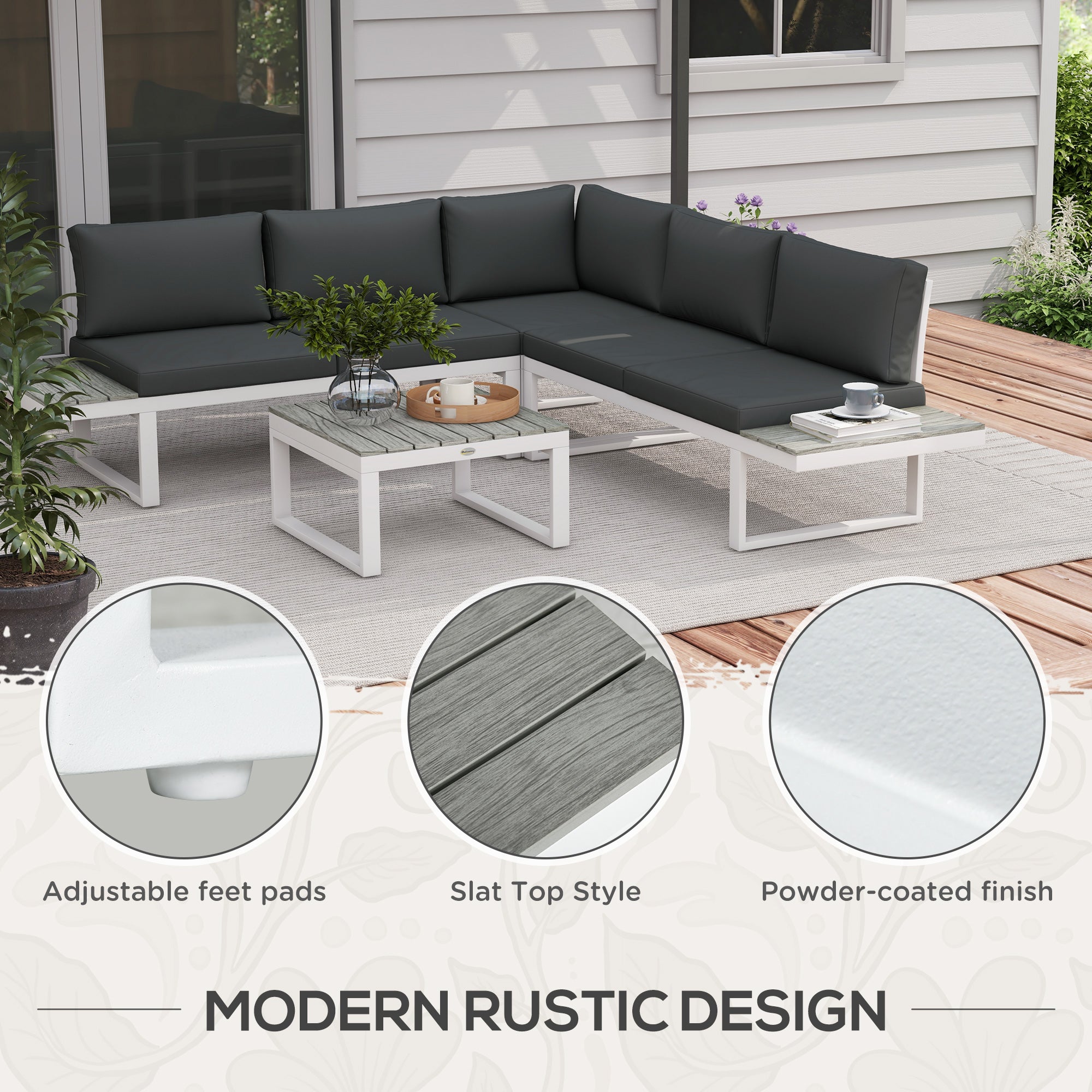 Outsunny 4 Pieces Garden Furniture Set, 5-Level Reclining Garden Corner Sofa Set, Outdoor Lounge Conversation Sectional with Cushions, Wood Effect Plastic Table, White Frame & Grey Cushion