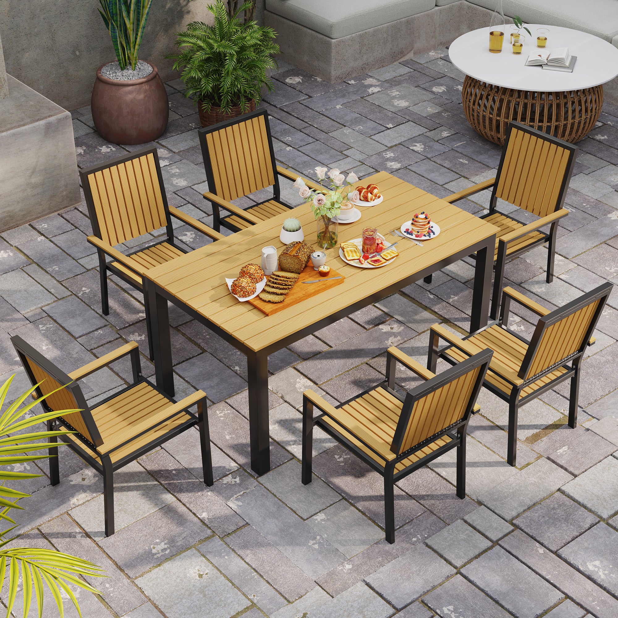 Outsunny 6 Seater Garden Dining Set with Stackable Chairs, Aluminium Frame, Rectangular Plastic Top, Garden Furniture Set, Outdoor Dining Table and Chairs for Patio, Balcony, Poolside, Nature Wood - North Peak Garden Furniture