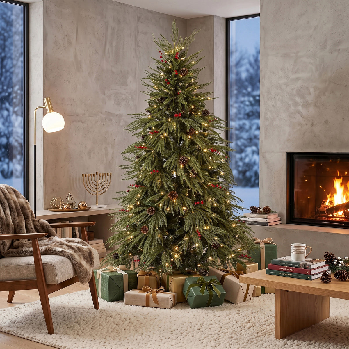 HOMCOM 6ft Artificial Christmas Tree with Pinecones, Red Berries, Hinged Predecorated Xmas Tree with 2843 Branch Tips