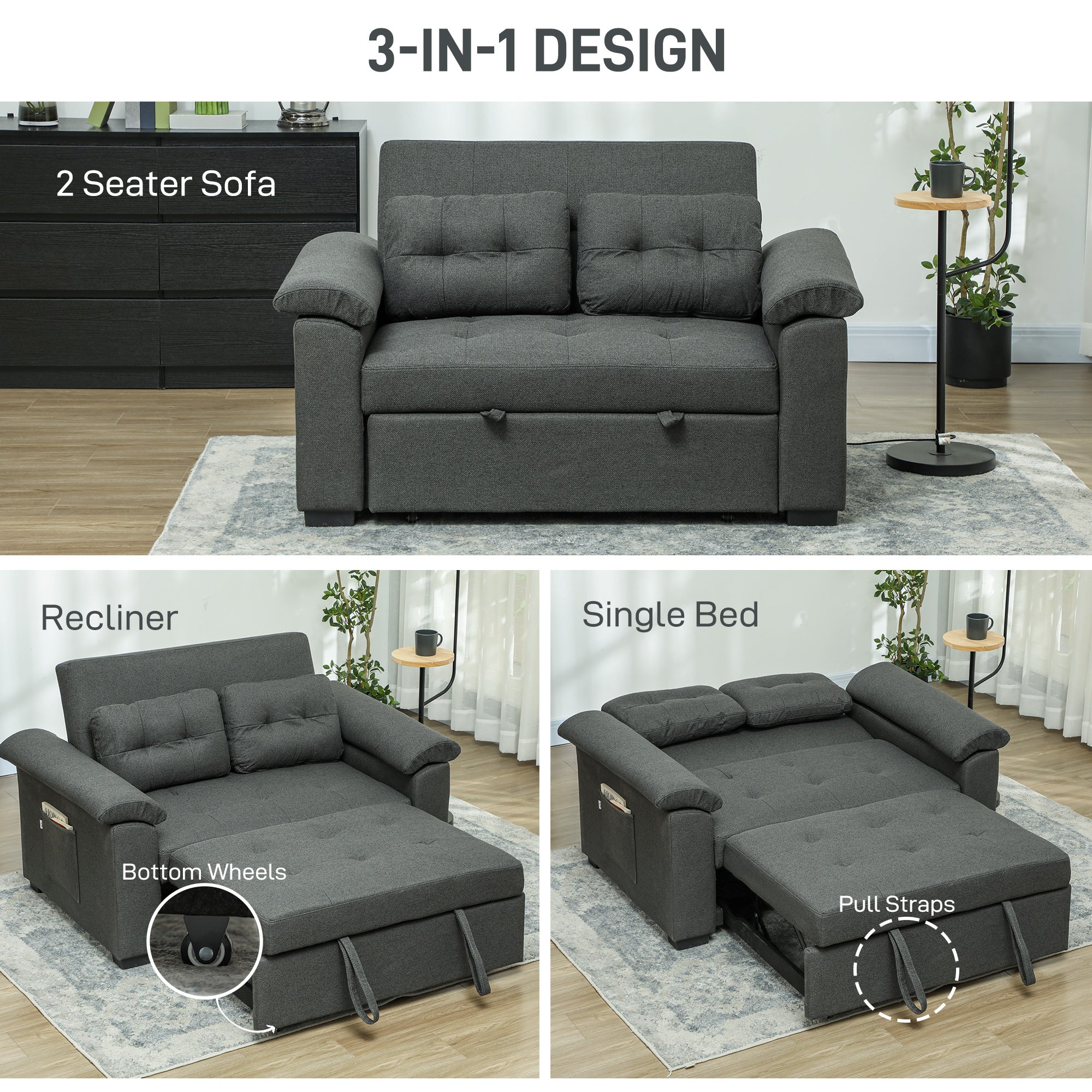 HOMCOM Pull Out Sofa Bed with 2 Pocket Springs, Fabric 2 Seater Click Clack Sofa Bed Settee, Convertible Sofa Couch with Pillows and Side Pockets for Living Room, Home Office, Charcoal Grey - North Peak Garden Furniture