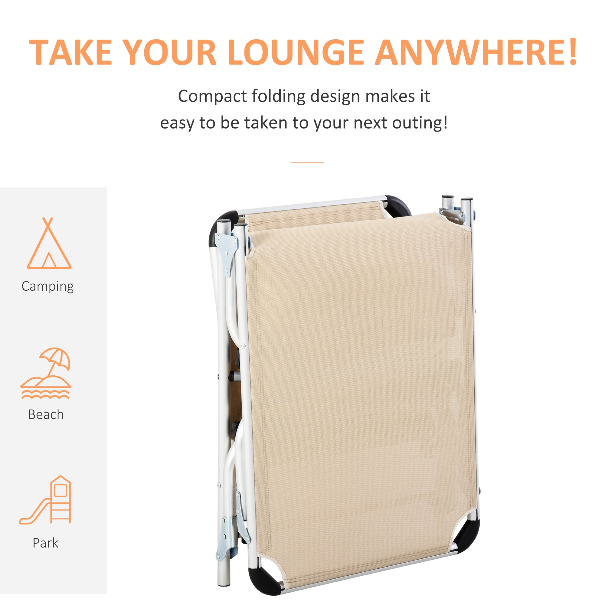 Outsunny 2 Pieces Foldable Outdoor Sun Lounger with Pillow, 5-Level Adjustable Reclining Lounge Chair, Aluminium Frame Camping Bed Cot, Khaki - North Peak Garden Furniture