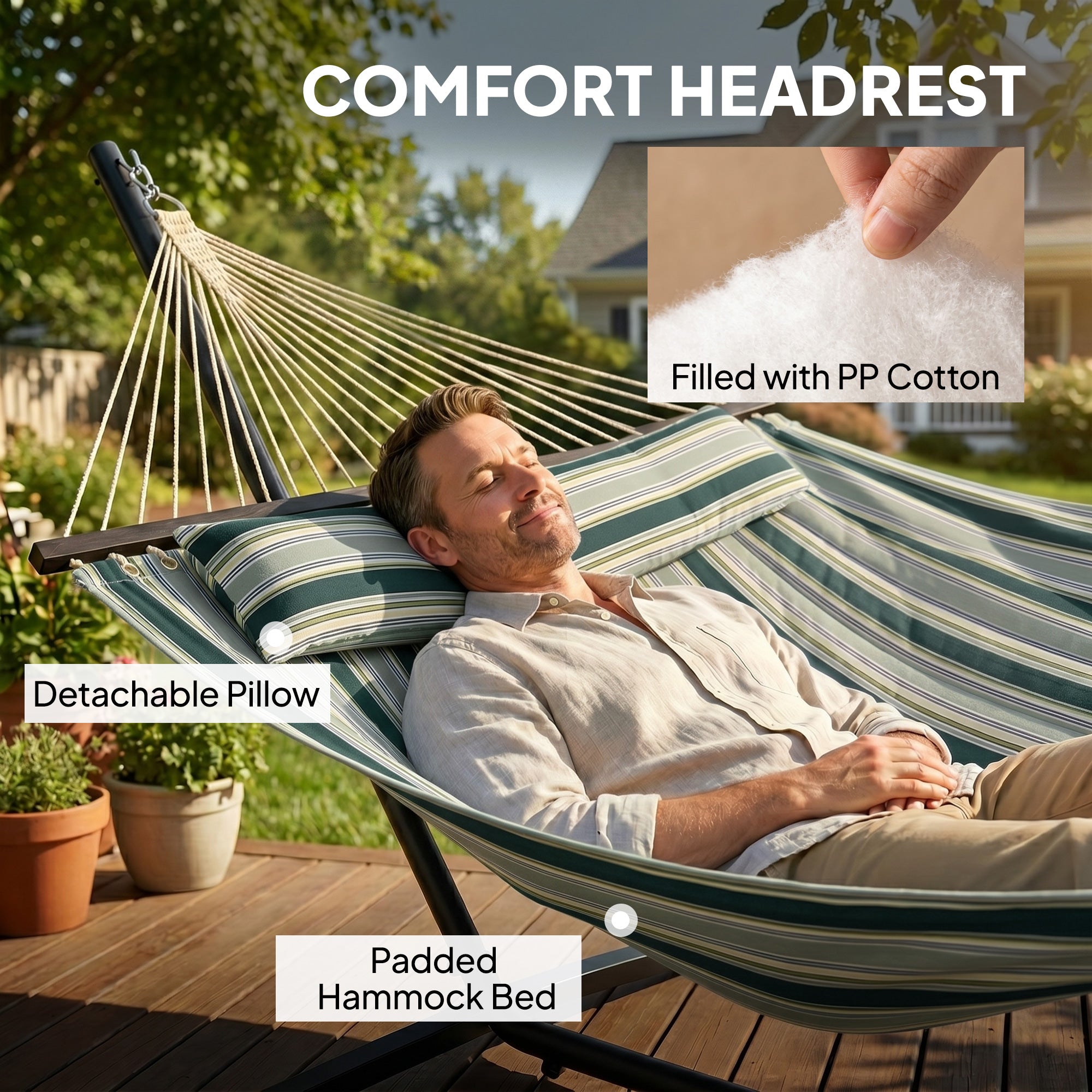 Outsunny Outdoor Hammock with Stand Detachable Pillow Striped Swing Steel Frame, for Garden, Patio, Green