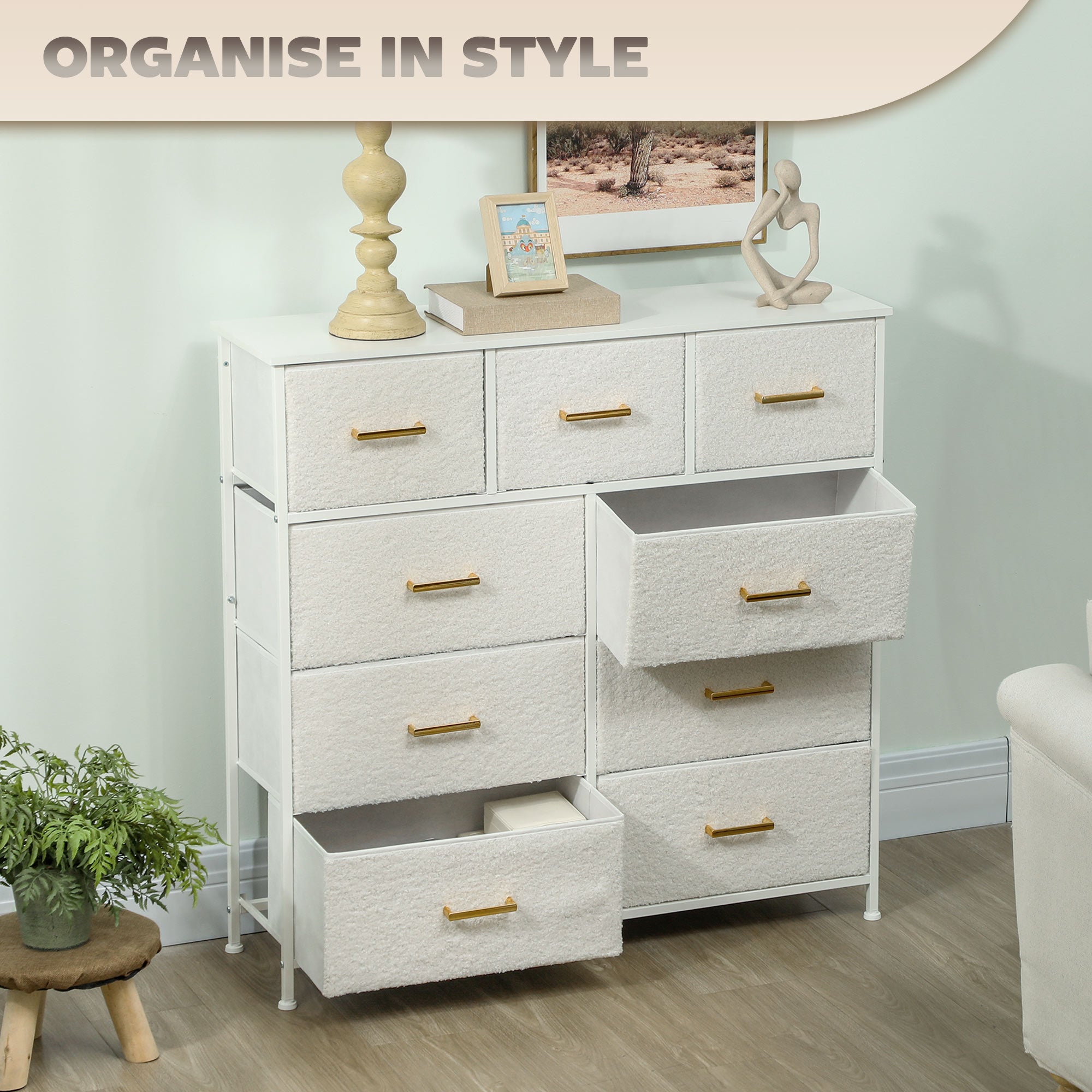 HOMCOM Chest of Drawers with 9 Fabric Drawers, Boucle Storage Organiser with Steel Frame, Fabric Dresser for Bedroom, Living Room, Hallway, Cream White - North Peak Garden Furniture