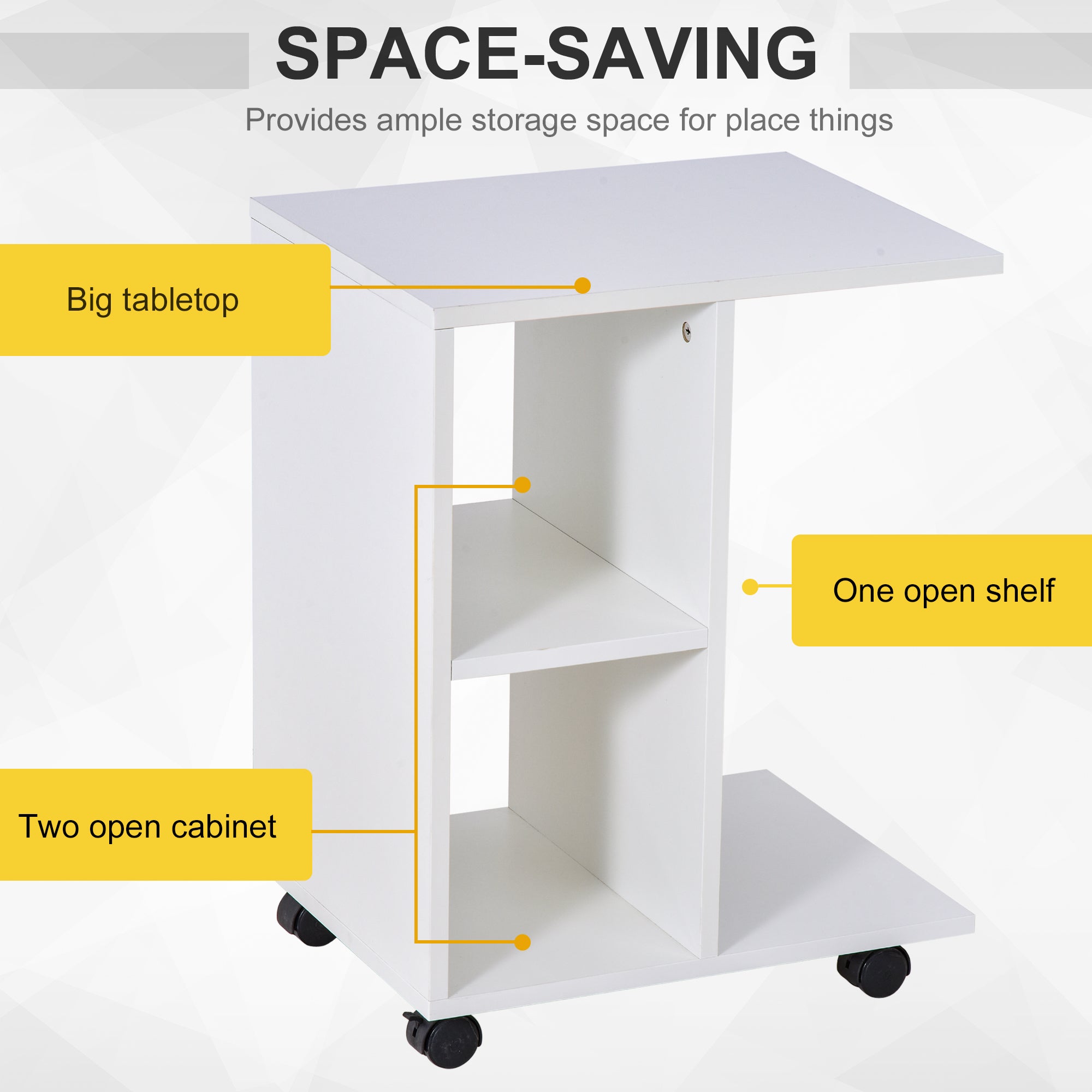 HOMCOM C-Shape End Table Unique Storage Unit w/ 2 Shelves 4 Wheels Freestanding Home Furniture Cabinet Square White