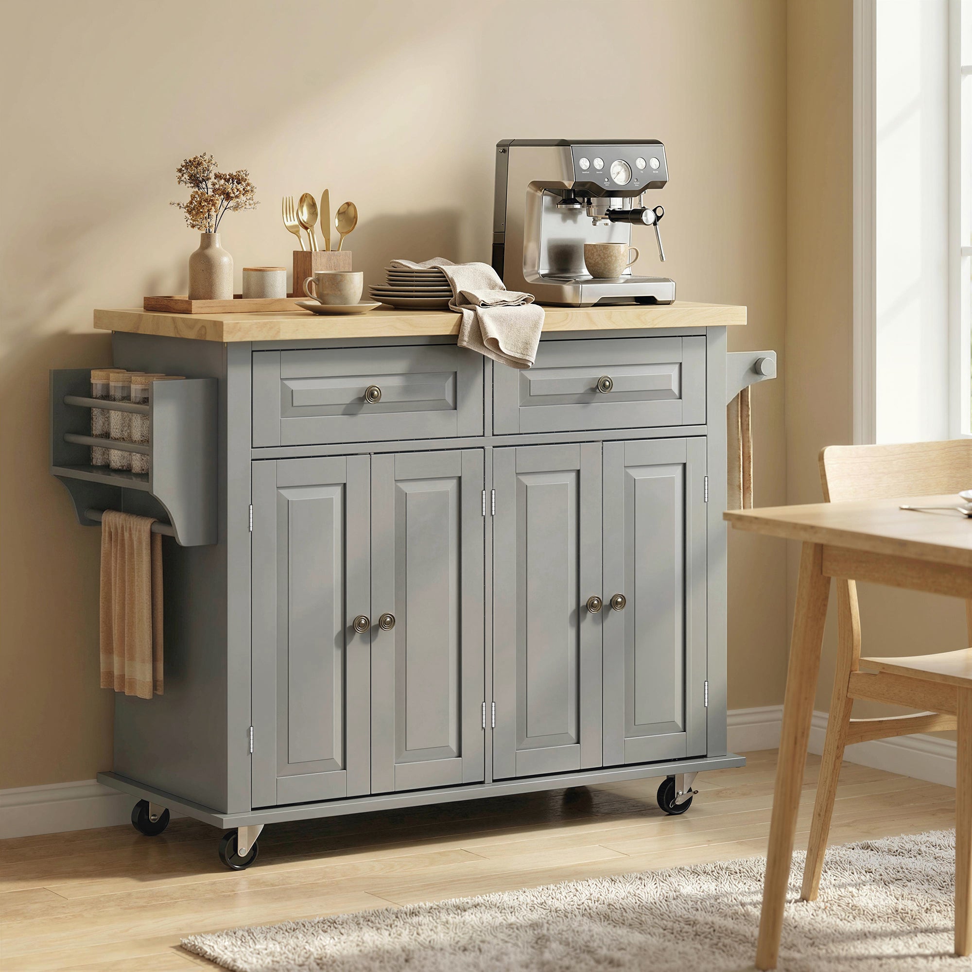 HOMCOM Rolling Kitchen Island Storage Trolley with Rubber Wood Top & Drawers for Dining Room, Grey