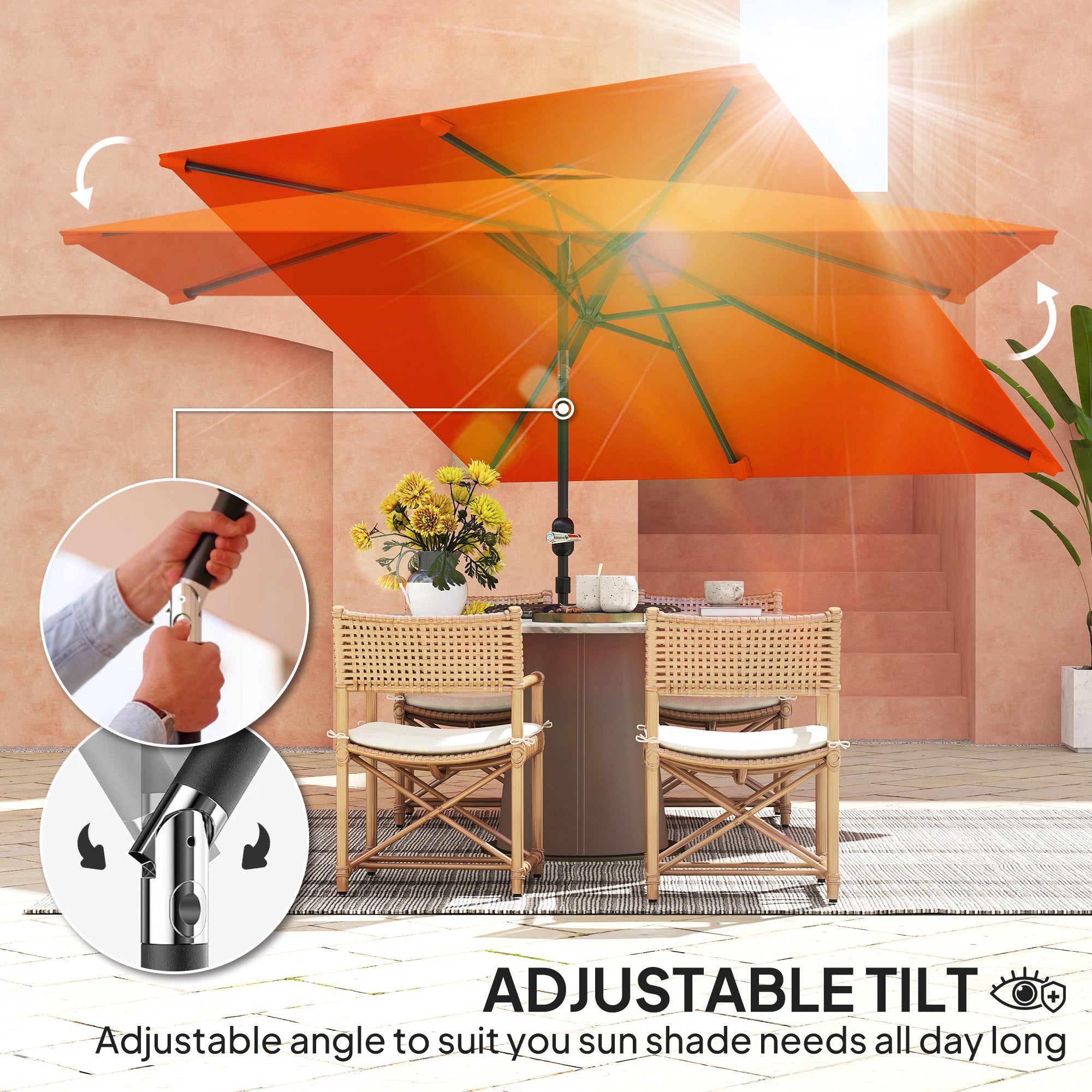 Outsunny 3x2m Patio Parasol Garden Umbrellas Canopy with Aluminium Tilt Crank Rectangular Sun Shade Steel, Orange - North Peak Garden Furniture