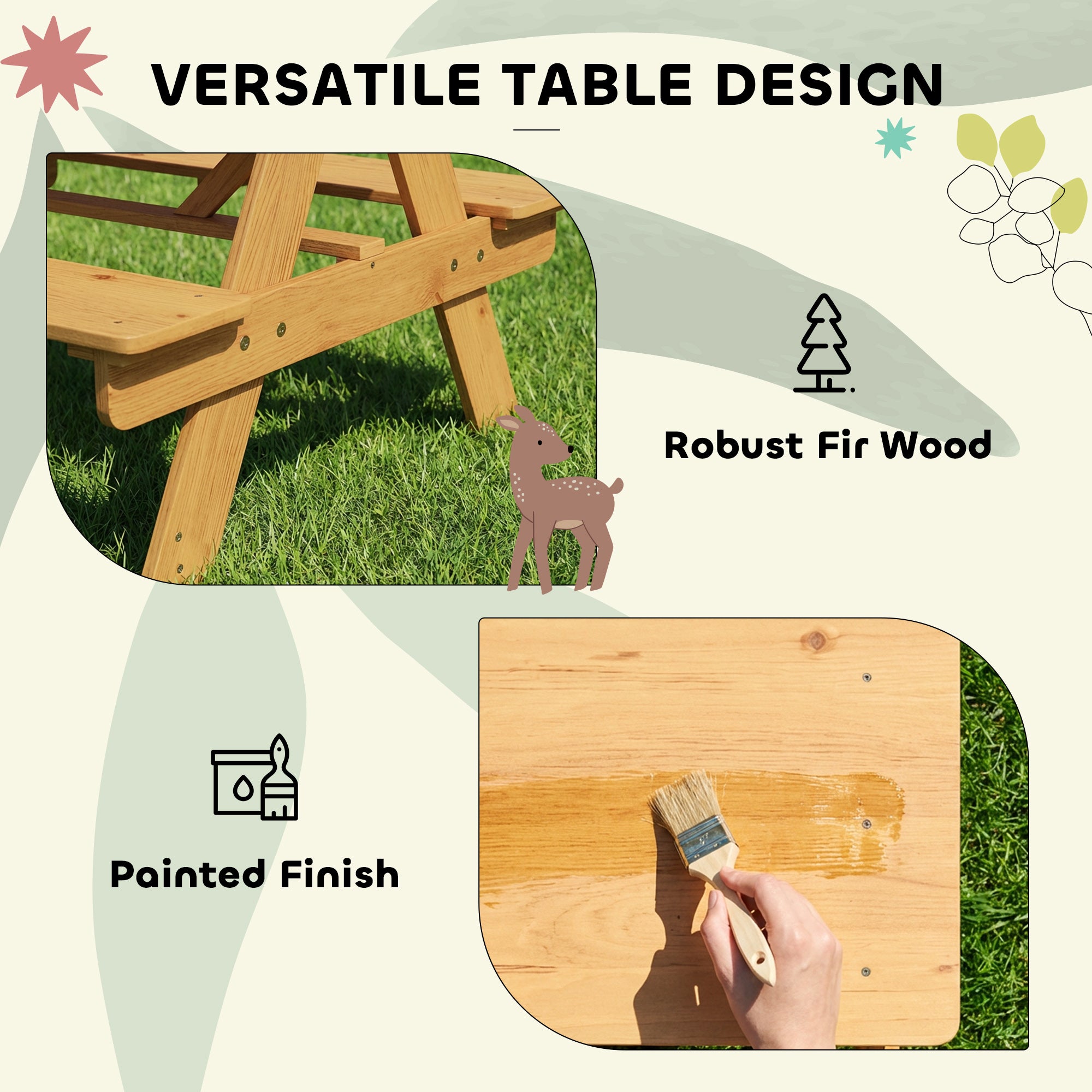 AIYAPLAY Kids Picnic Table for Outdoor Wooden Table & Bench Set with Integrated Benches Natural Wood