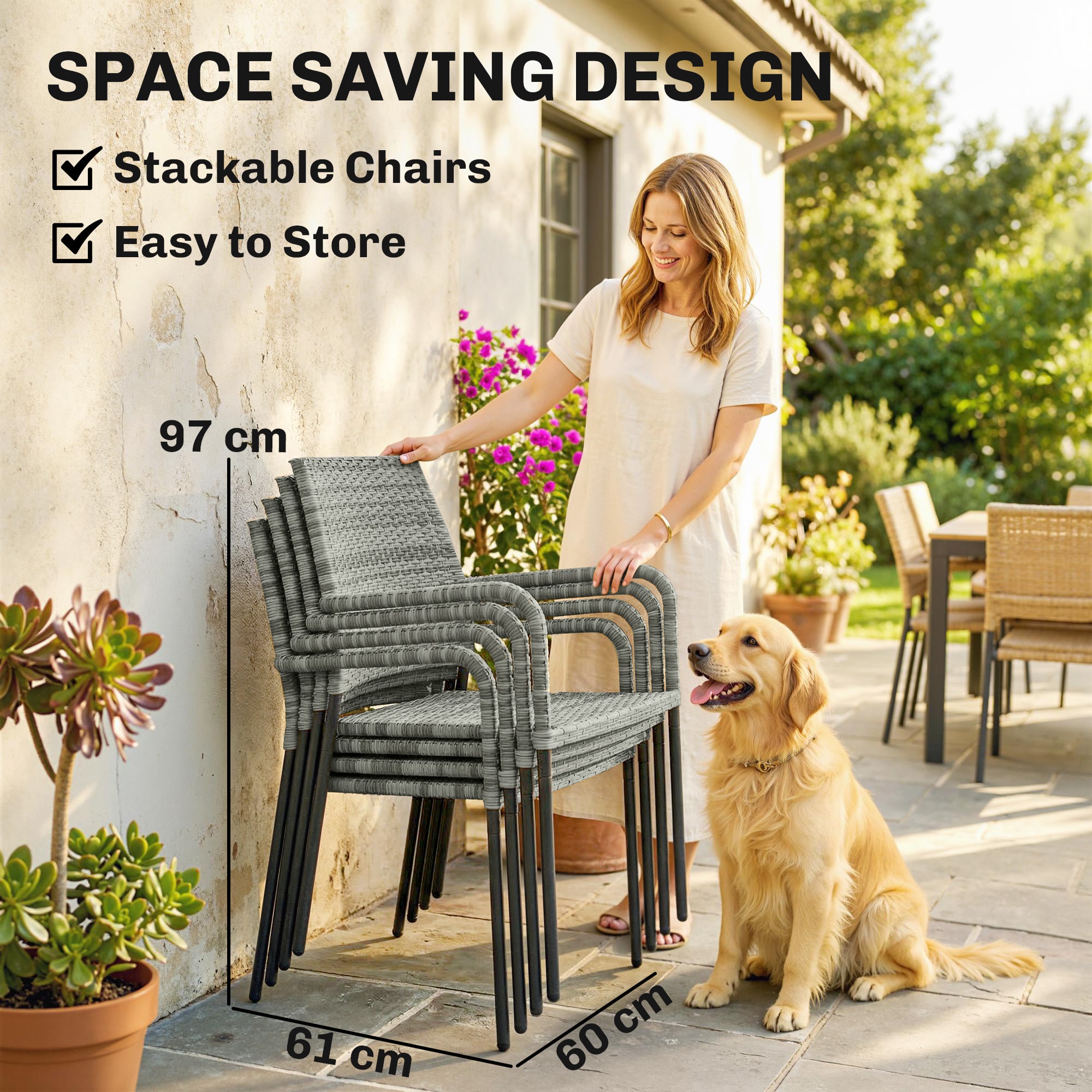 Outsunny 4 Seater Rattan Dining Set with Parasol, 6 Piece Garden Table and Stackable Chairs with Tempered Glass Tabletop