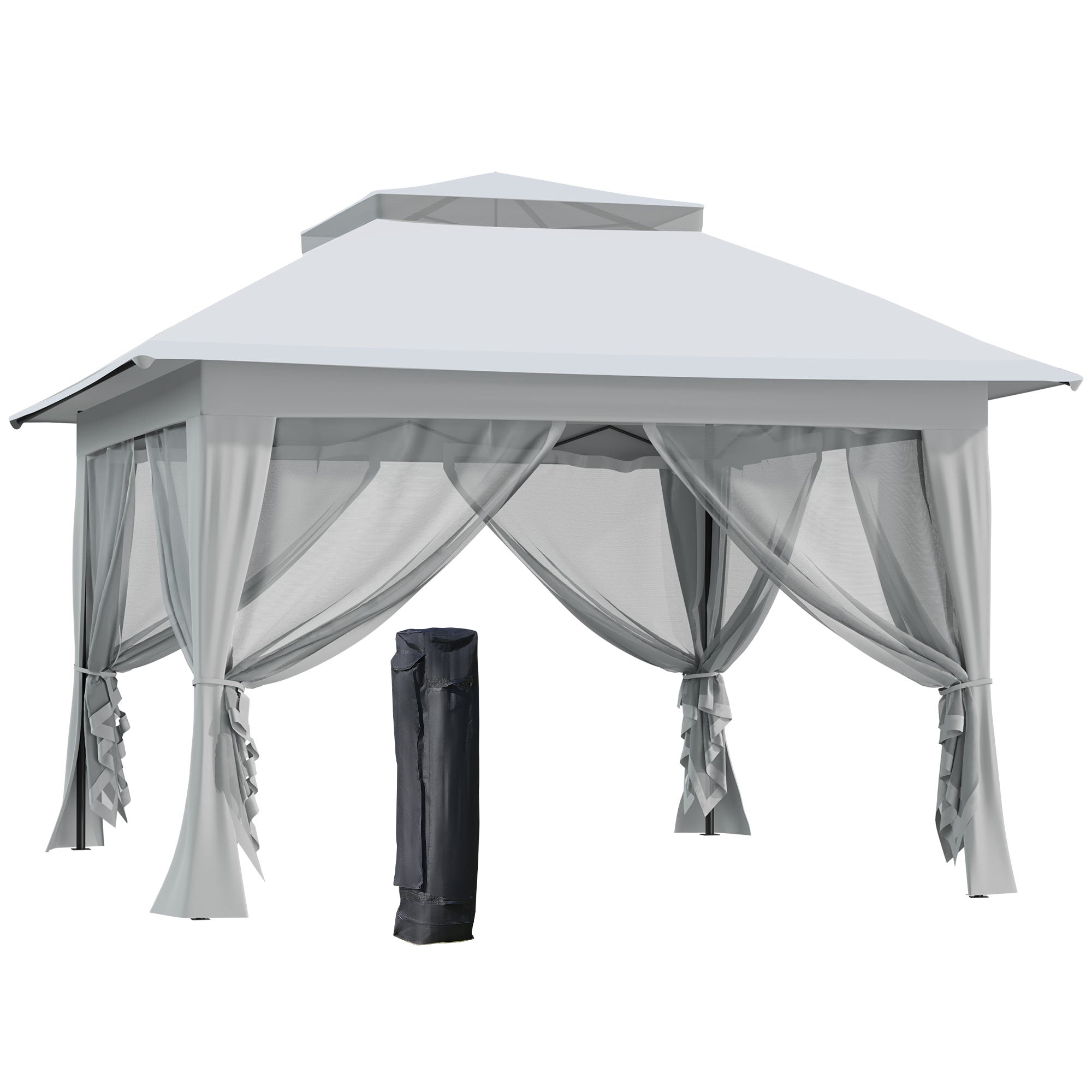 Outsunny 3.6 x 3.6 m Pop up Gazebo with Netting and Carry Bag, Height Adjustable Party Tent Instant Canopy Sun Shade Shelter, Grey - North Peak Garden Furniture
