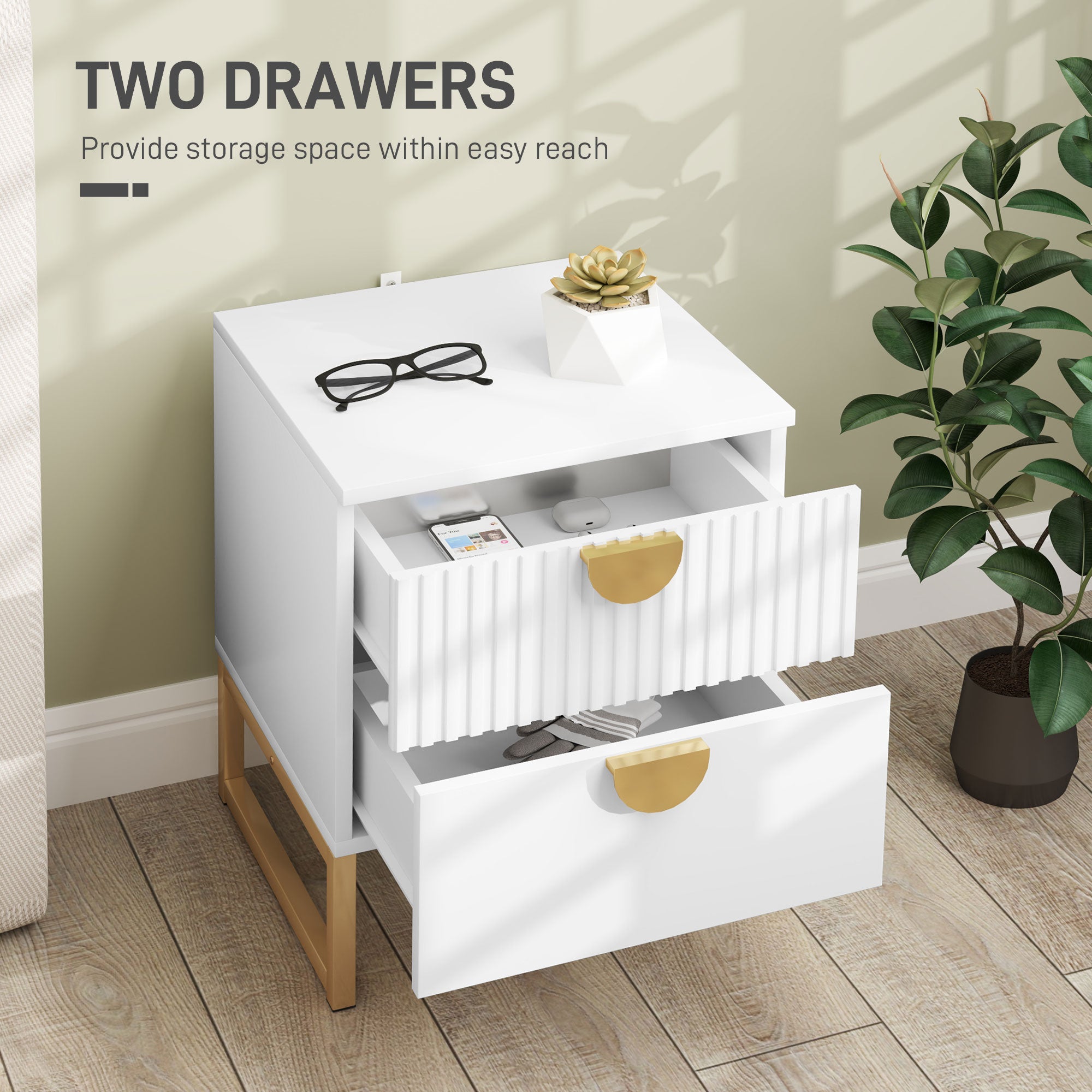HOMCOM Elegant Two-Drawer Bedside Table - White - North Peak Garden Furniture