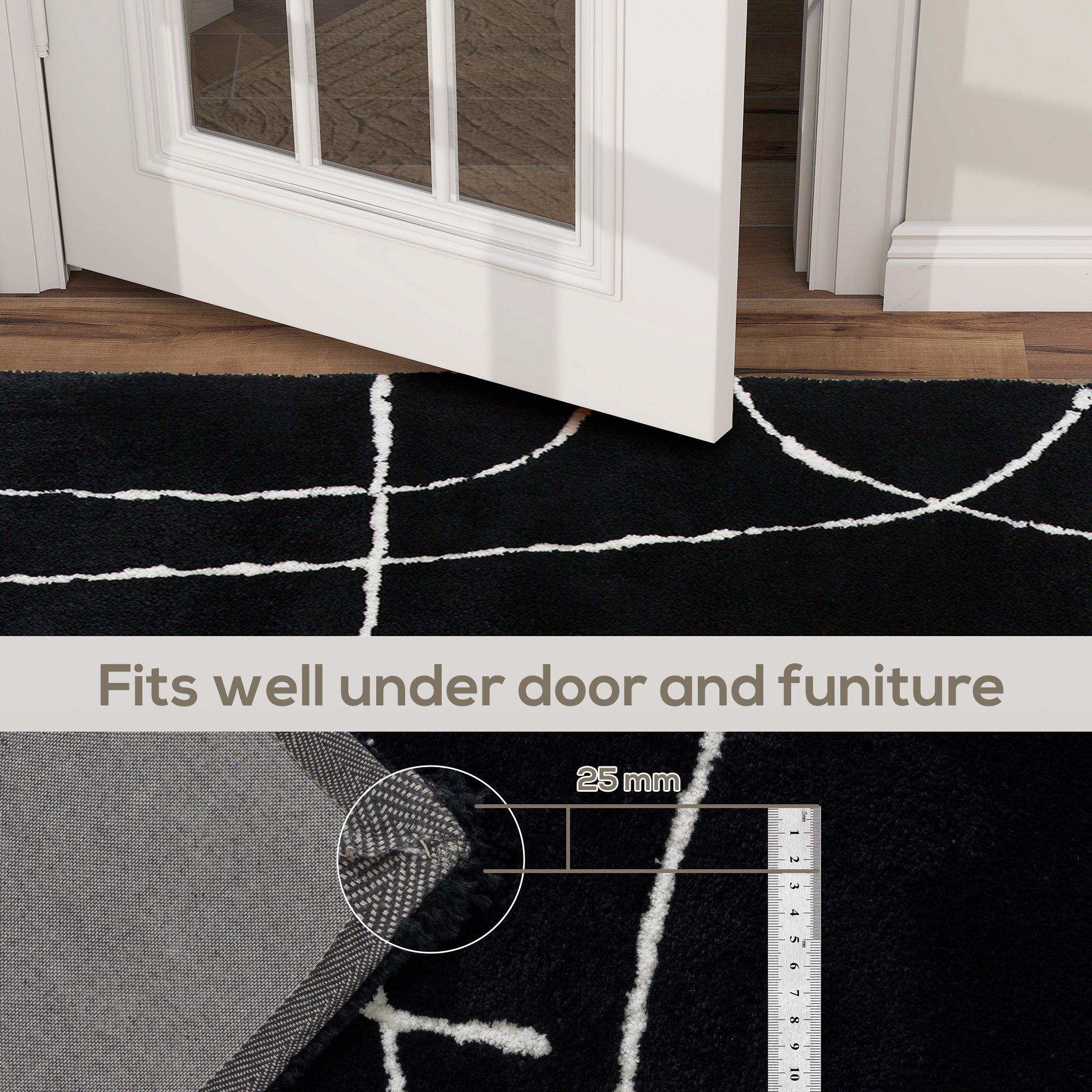 HOMCOM Modern Fluffy Area Rug, Geometric Pattern Washable Rug, Soft High Pile Floor Carpet for Living Room, Bedroom, Dining Room, Home Office, 170 x 120 cm, Black