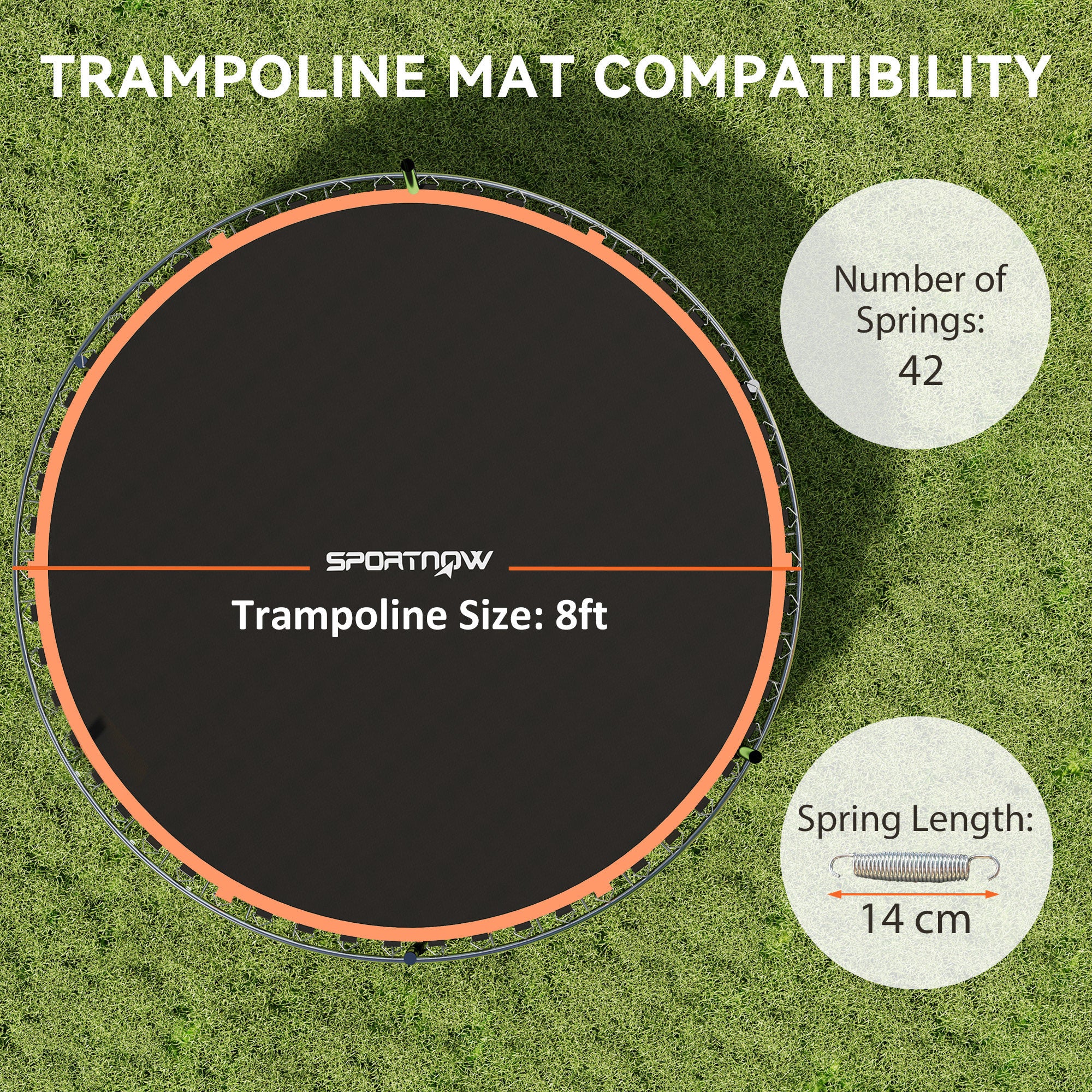 SPORTNOW Trampoline Replacement Mat with Spring Pull Tool, 42 V-Hooks, for 8ft Trampoline using 14cm Springs, Orange - North Peak Garden Furniture