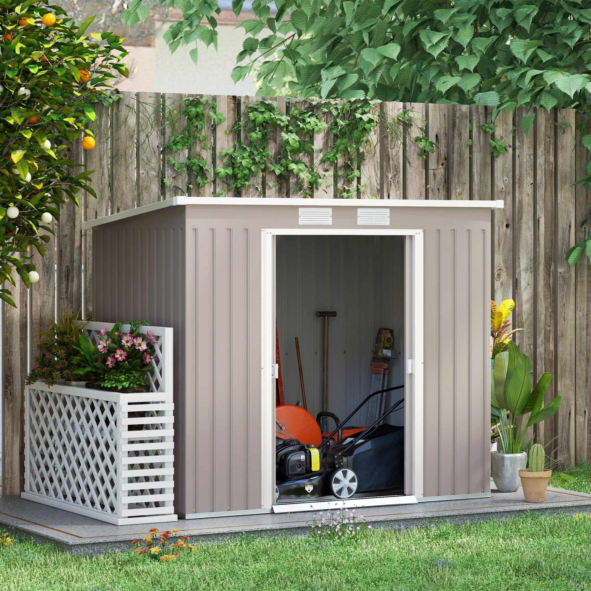 Outsunny Outdoor Lean to Garden Metal Equipment Tool Storage Shed w/ Foundation Kit, Double Door, Vents and Sloped Roof, Grey - North Peak Garden Furniture