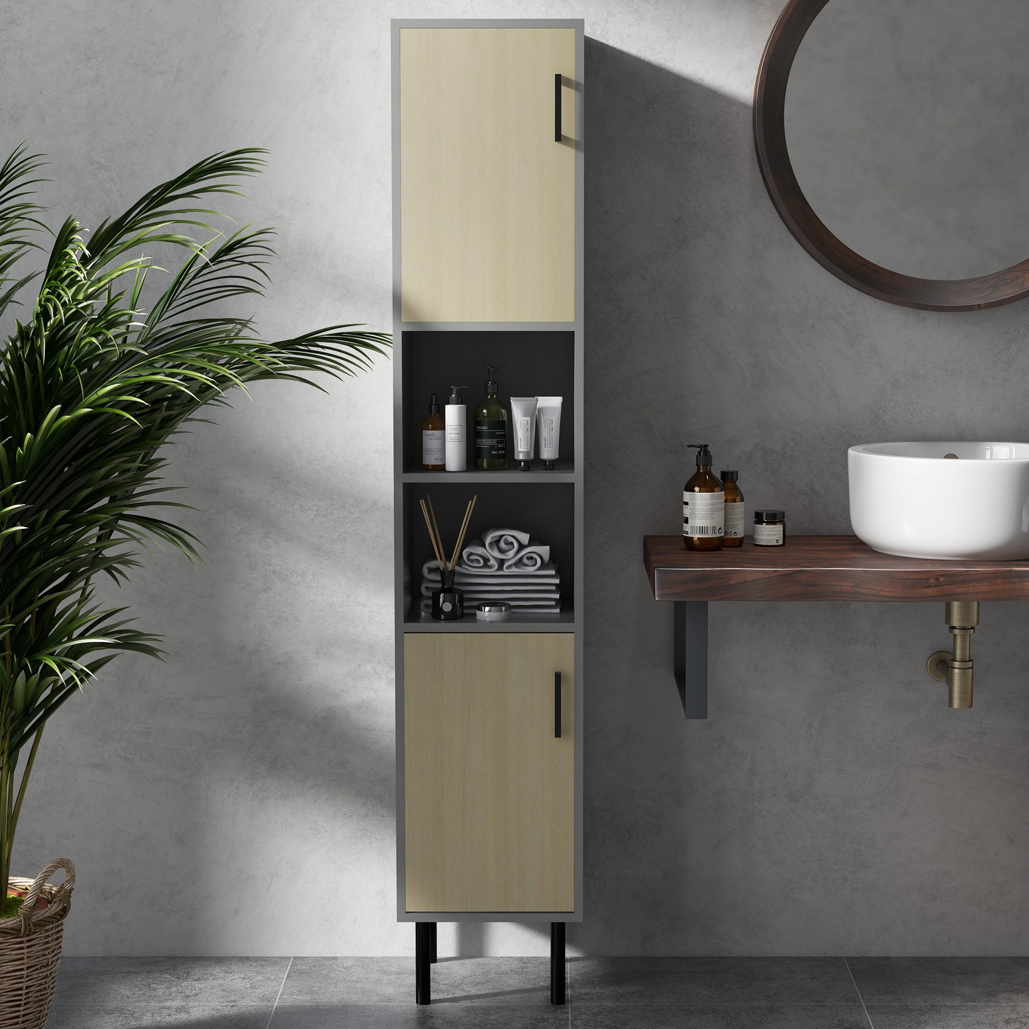 kleankin Freestanding Bathroom Storage, Tall Bathroom Cabinet with Door and Adjustable Shelves, 31.4x30x165cm - North Peak Garden Furniture