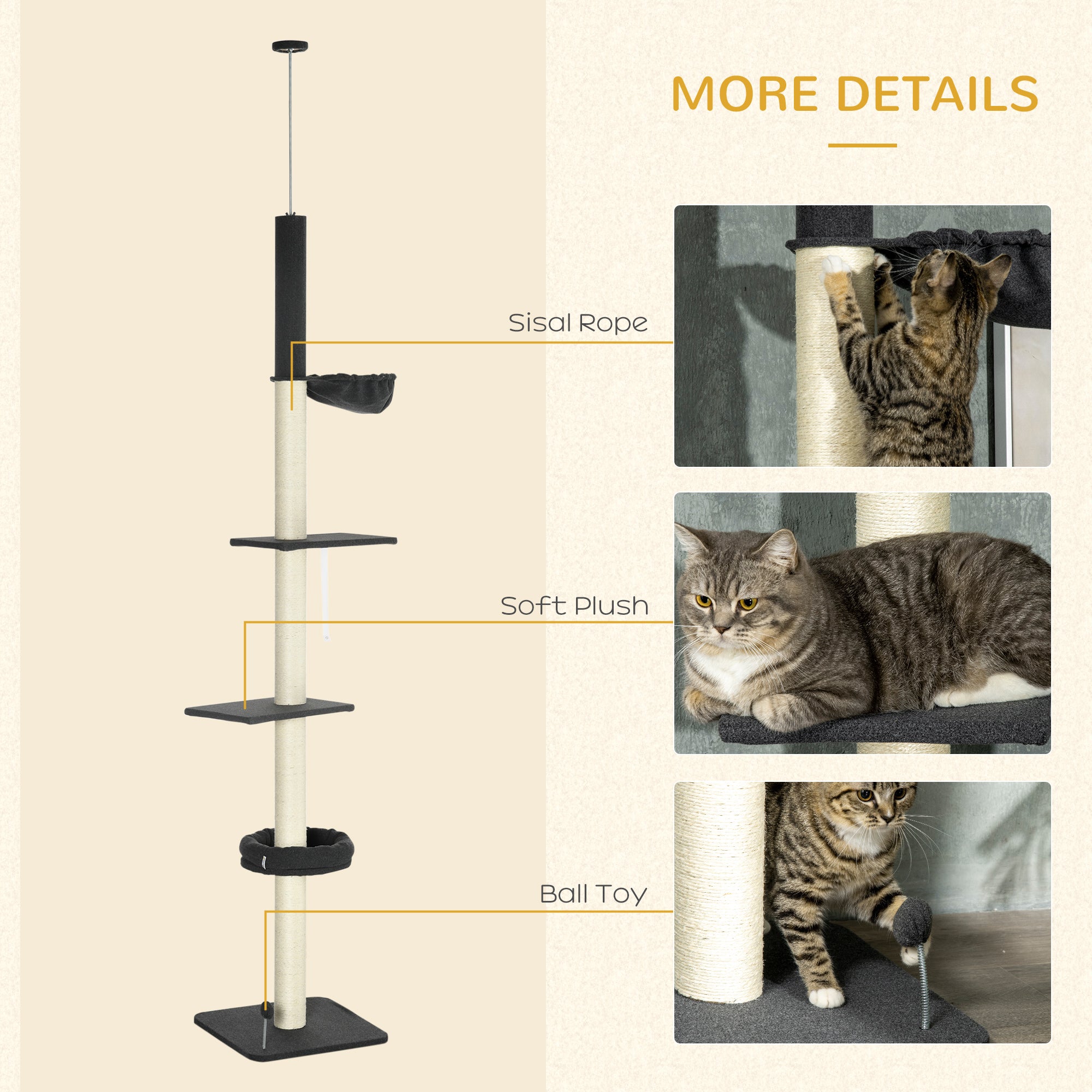 PawHut 240-270cm Floor-To-Ceiling Cat Tree, 5 Tier Cat Climbing Tower, with Bed, Hammock, Platforms, Black and Cream - North Peak Garden Furniture