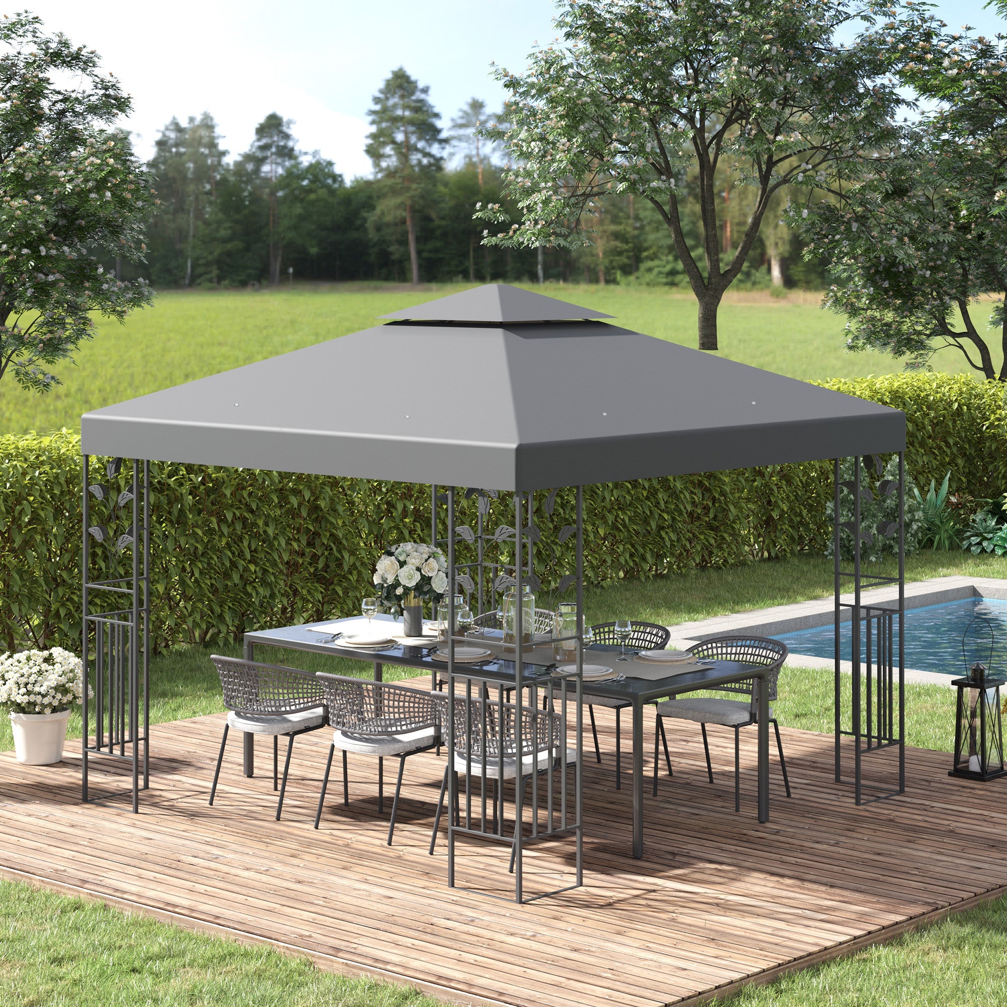 Outsunny 3 x 3m Outdoor Steel Gazebo with 2 Tier Roof, Garden Gazebo Patio Canopy Marquee Shelter with Decorative Steel Frame - Grey - North Peak Garden Furniture
