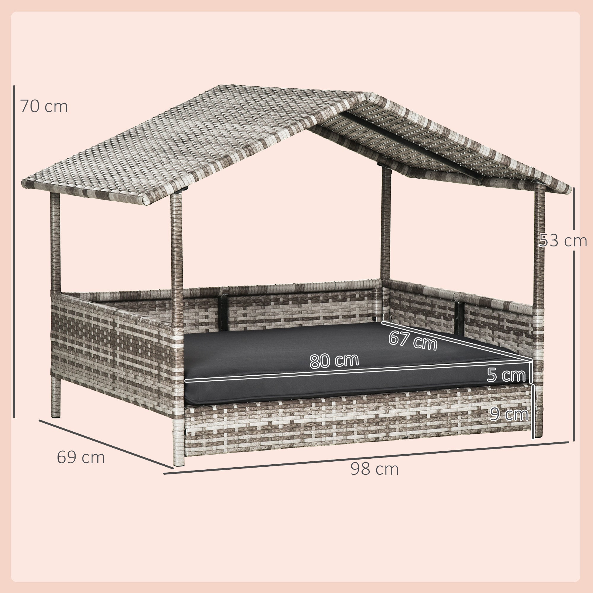 PawHut Wicker Dog House, Rattan Pet Bed, with Removable Cushion, Canopy, for Small and Medium Dogs - Dark Grey - North Peak Garden Furniture