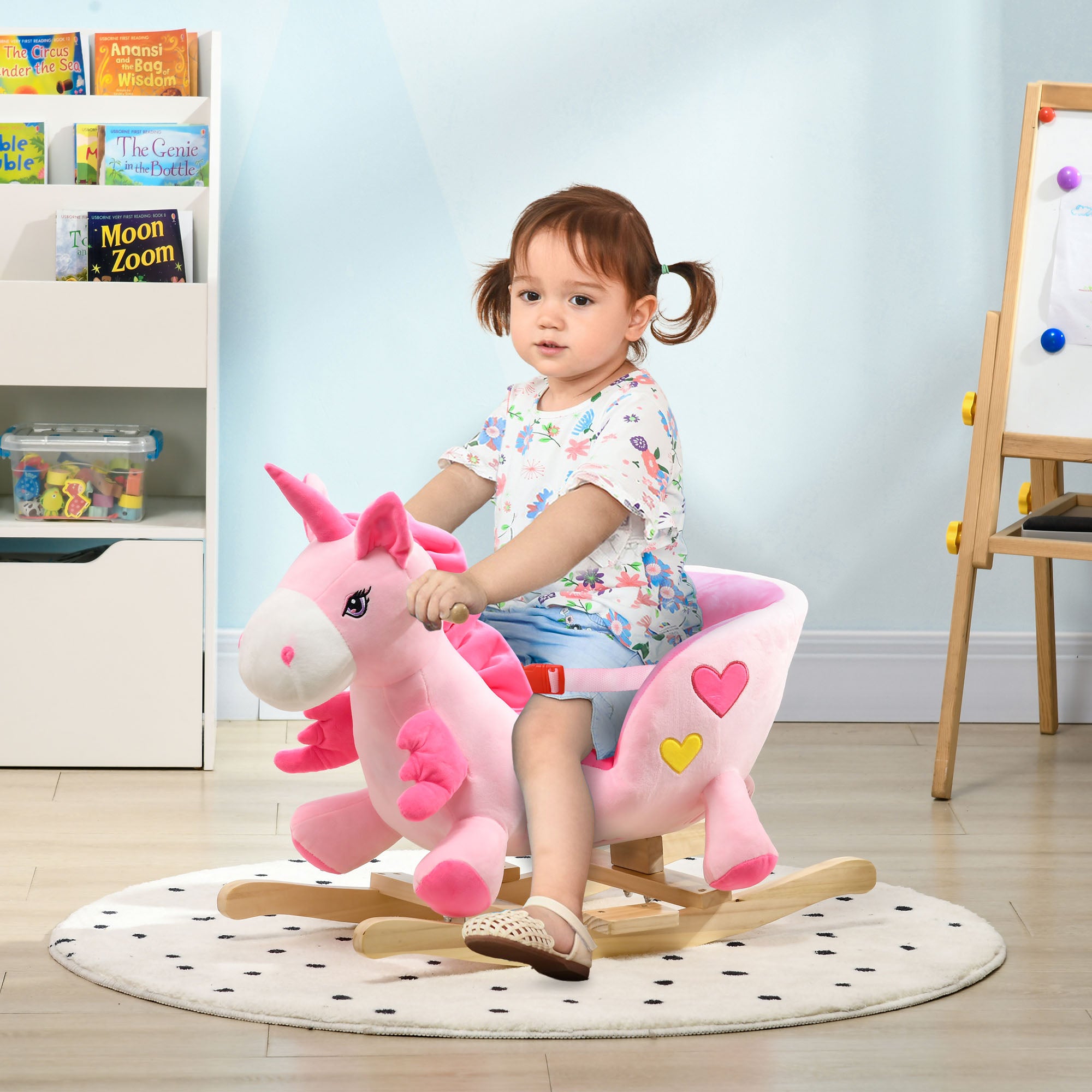 HOMCOM Kids Rocking Horse Ride on Unicorn with Songs, Wooden Base, Seatbelt, for Ages 18-36 Months, Pink - North Peak Garden Furniture