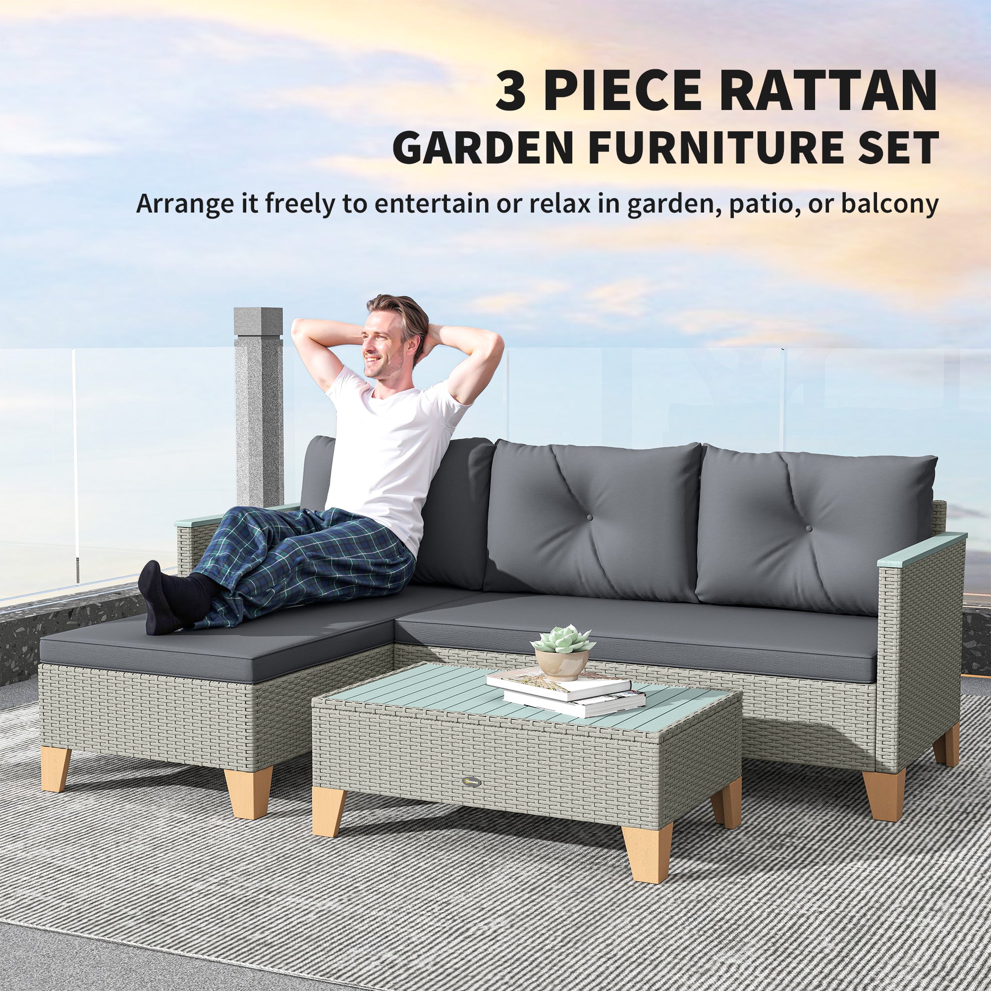 Outsunny 3 Pieces Rattan Garden Furniture Set, L Shaped Garden Conversation Chaise Lounge Furniture with Wood Top Coffee Table and Thick Cushions, Charcoal Grey - North Peak Garden Furniture